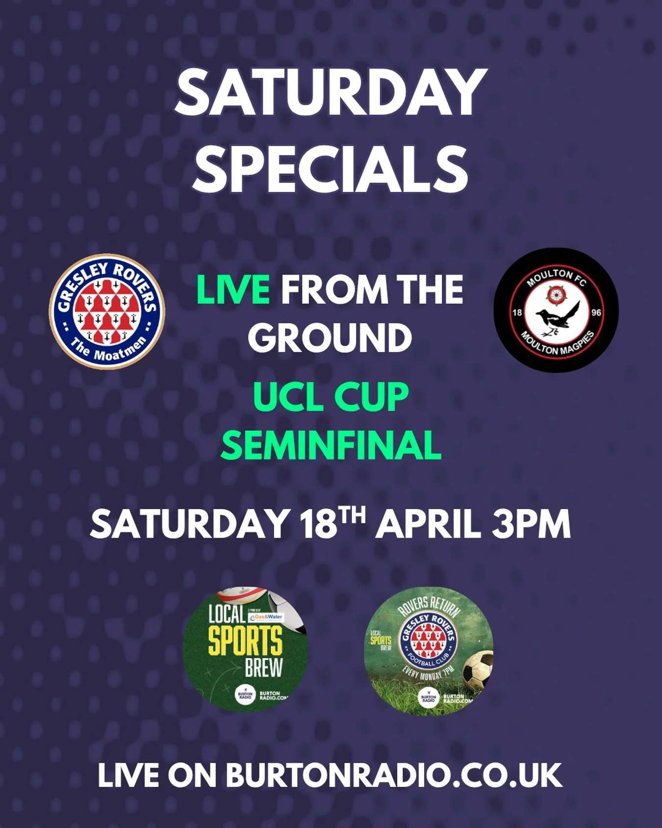 This Saturday!!! We are live from the ground with our Local Spot Brew Crew commentating on the UCL Cup Semi-final ⚽️ Live at 3pm!!!

Burtonradio.co.uk

#burtonradio #burtonupontrent #localsportsbrew #sportradio