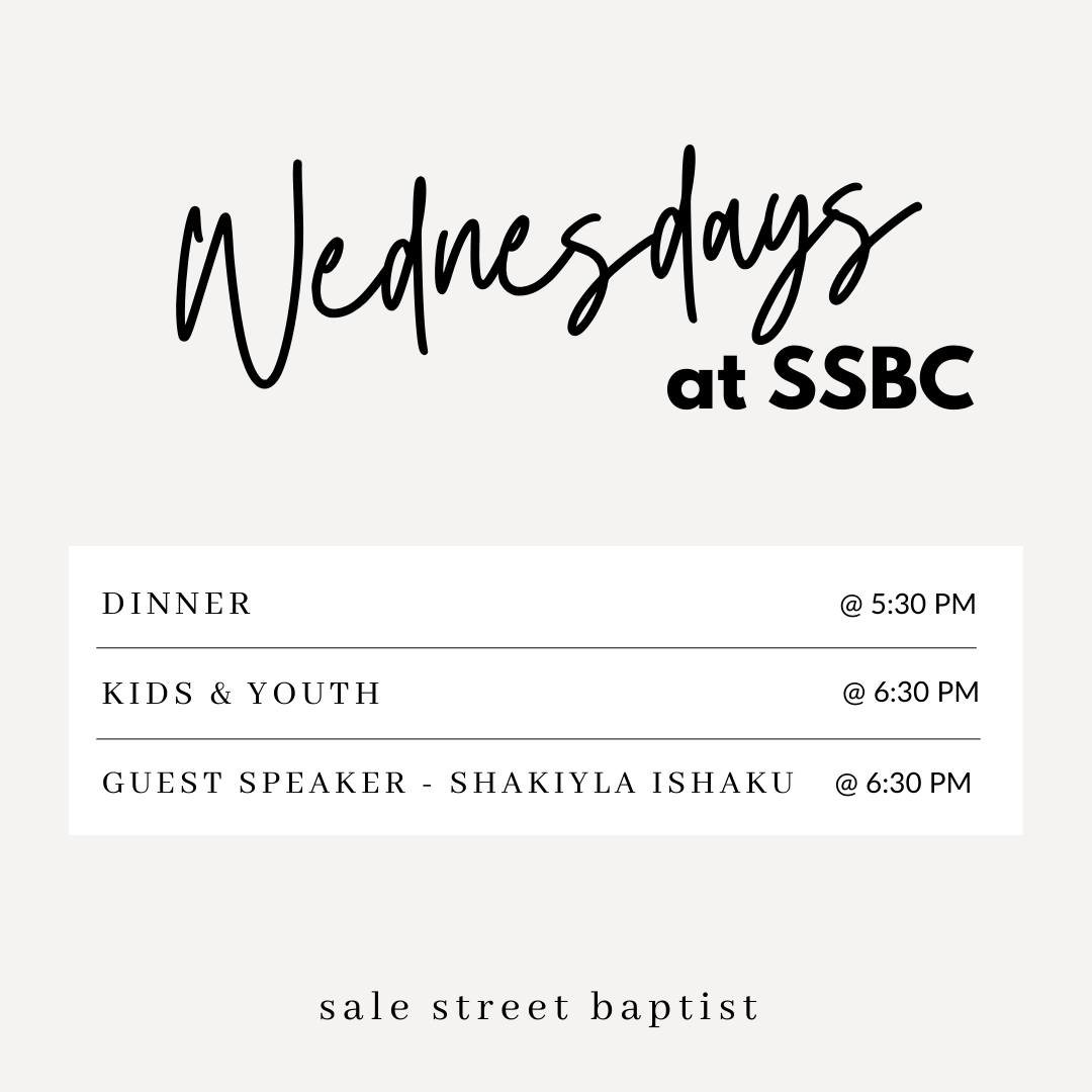 What are you doing tonight? Dinner with us, we hope?! 

We have our midweek meal at 5:30, kids and youth at 6:30, and guest speaker, Shakiyla Ishaku is joining us at 6:30 in our Fellowship Hall. See you soon!