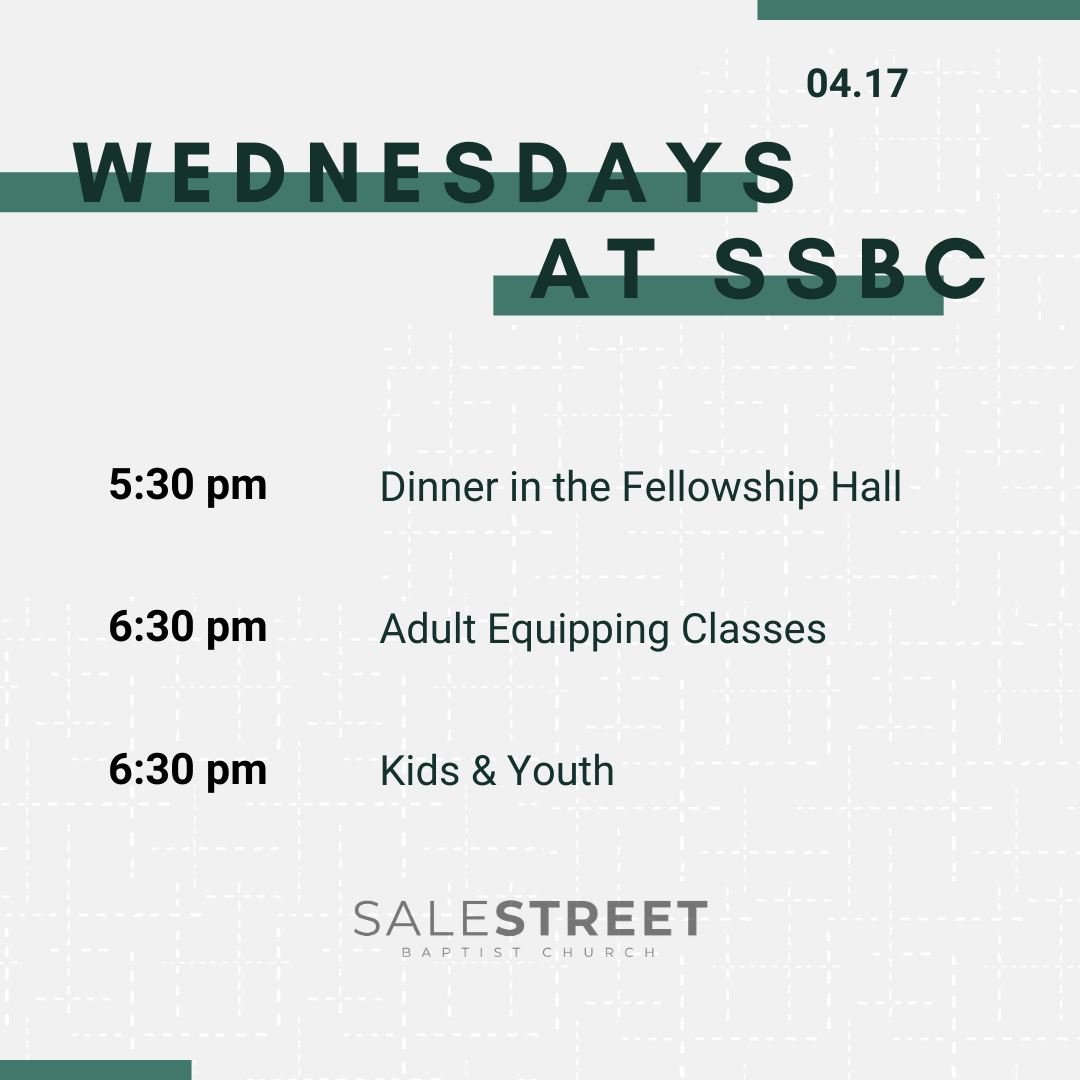 We love Wednesdays at SSBC! If you're looking to go deeper into your faith or knowledge of the Word, we've got something for you! Dinner starts at 5:30, classes at 6:30. See you soon!