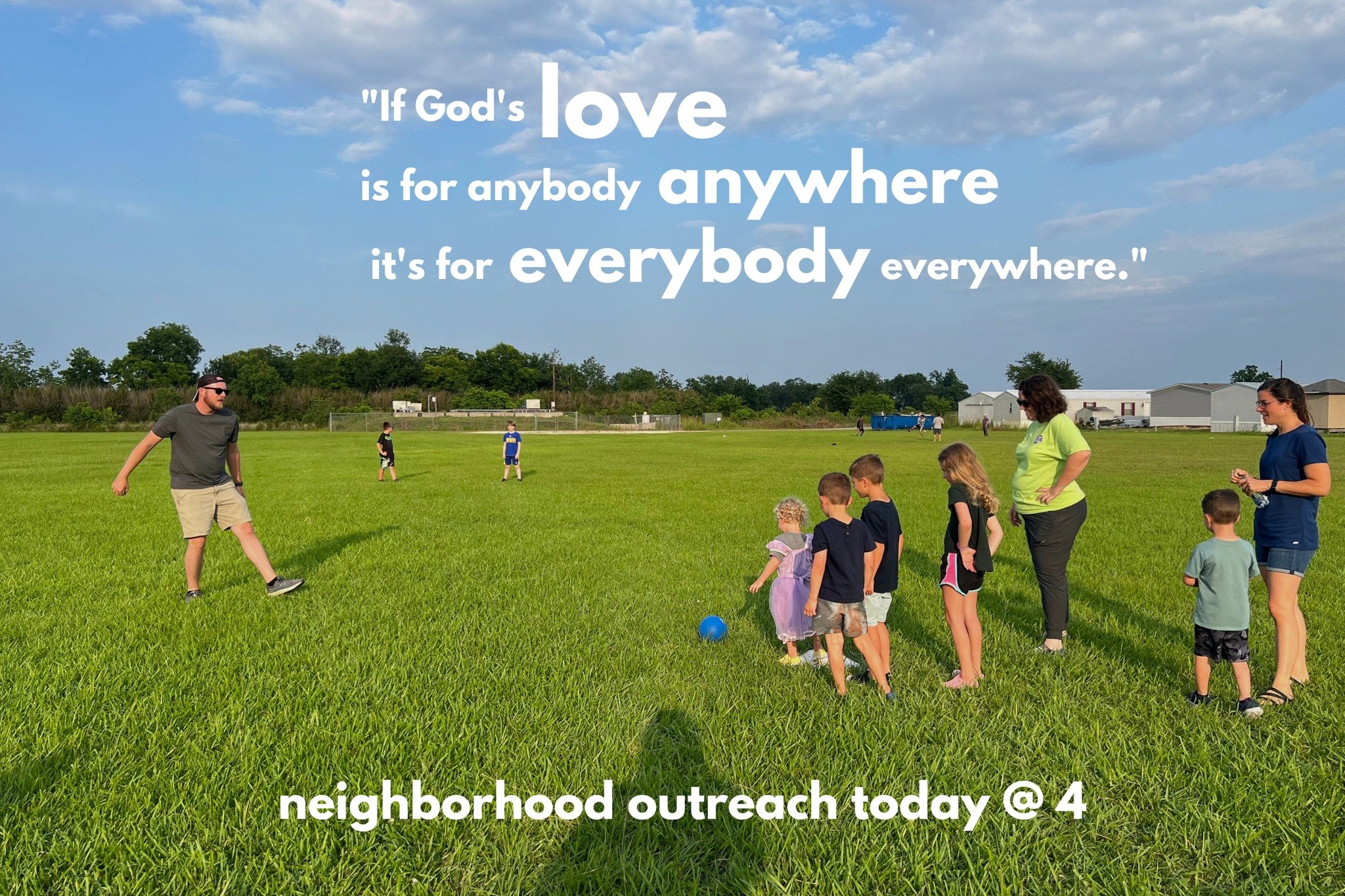 Church happens outside of the walls of a building, so we're heading to a local neighborhood to share the love of Jesus and maybe some kickball while we're at it. You're invited! PM for the address!