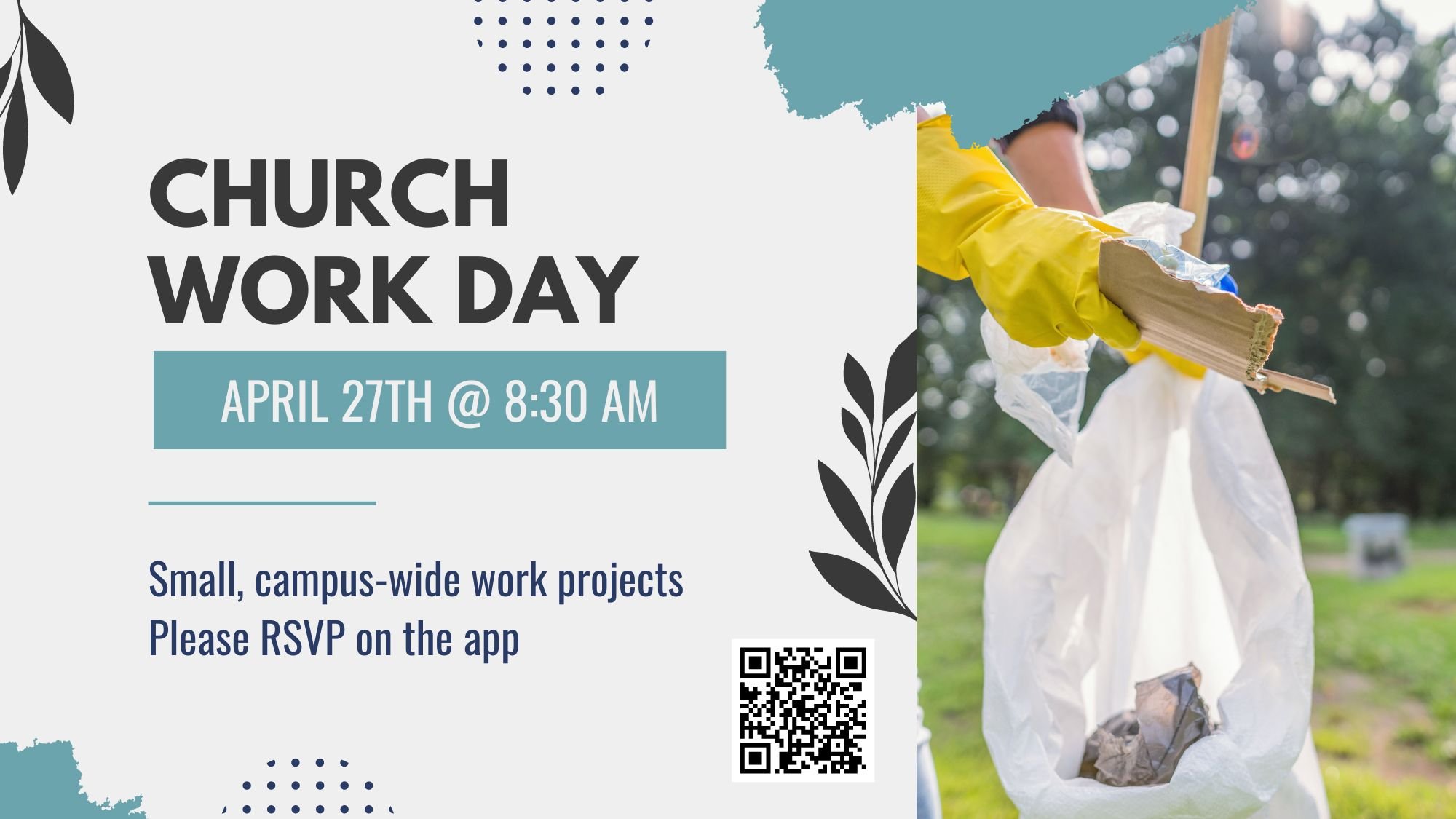 We have a Church work day tomorrow morning! We'll be working simple, small work projects across the campus for maintenance and upkeep. We'd love to have your help! RSVP at the link below.

https://subspla.sh/6pdjd5z/