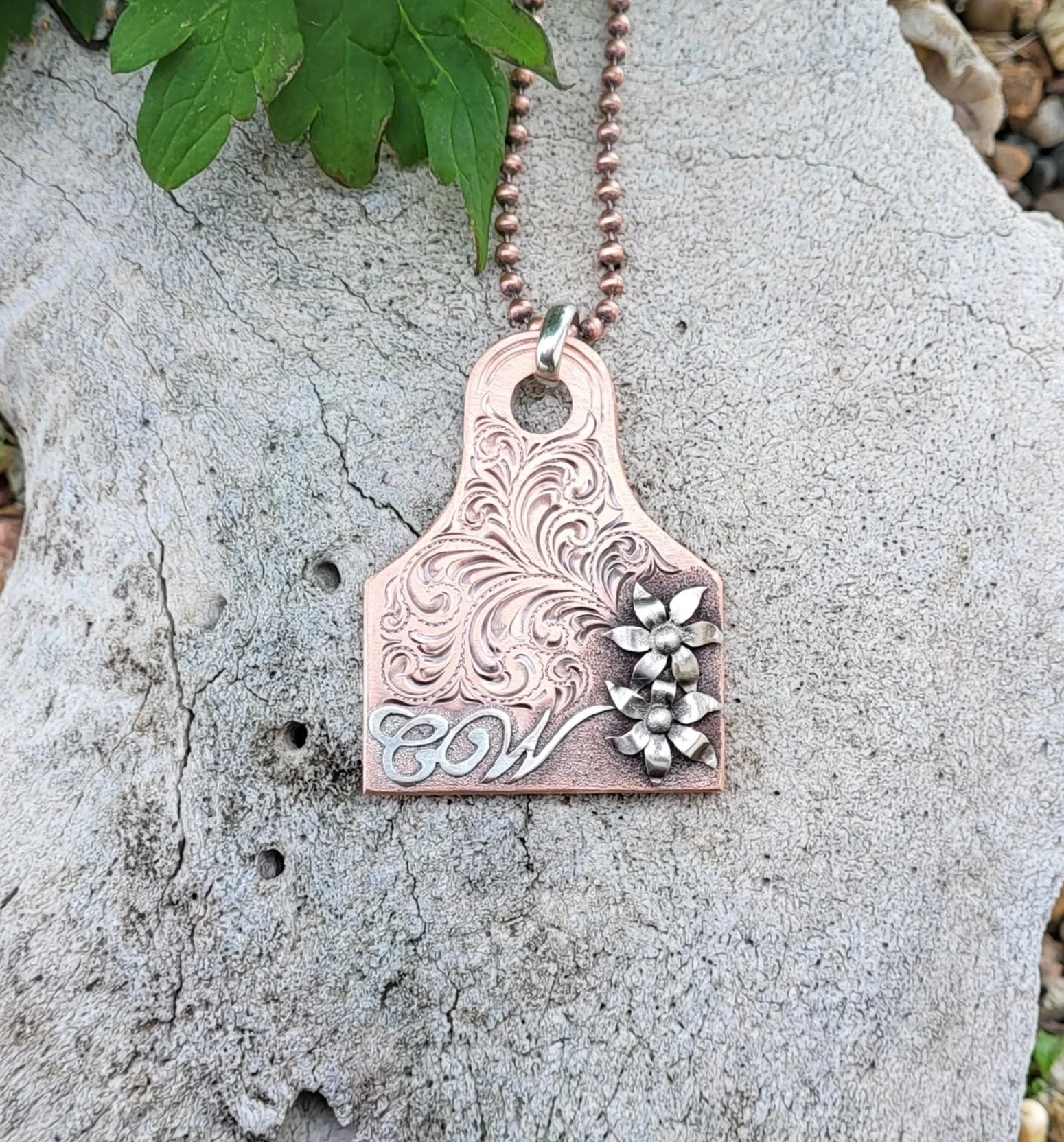 Copper engraved eartag pendant with sterling silver lilies and initials
