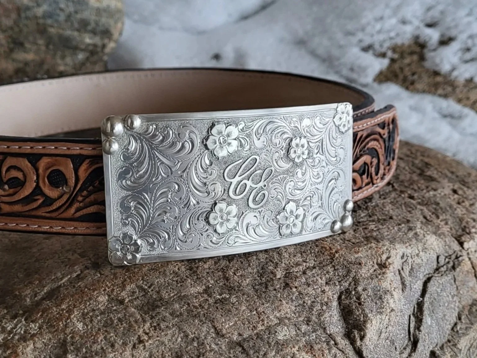 Silver engraved buckle with initials and sterling flowers