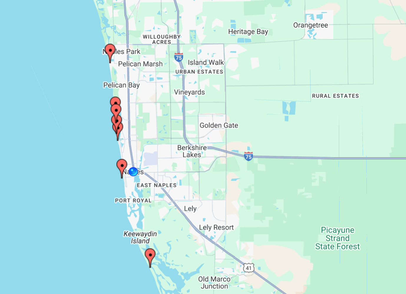 Map of Naples beach locations for luxury daybed rentals