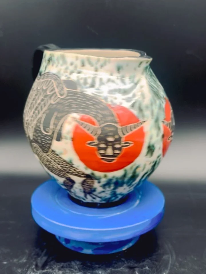 Pitcher collab with @kimberlyed.studio &hearts;️ Kim threw this handsome guy and I went wild on the surface with my new speckled glaze. Chicago folks, send me a message if you&rsquo;re interested in throwing some big fun shapes for me to embellish.