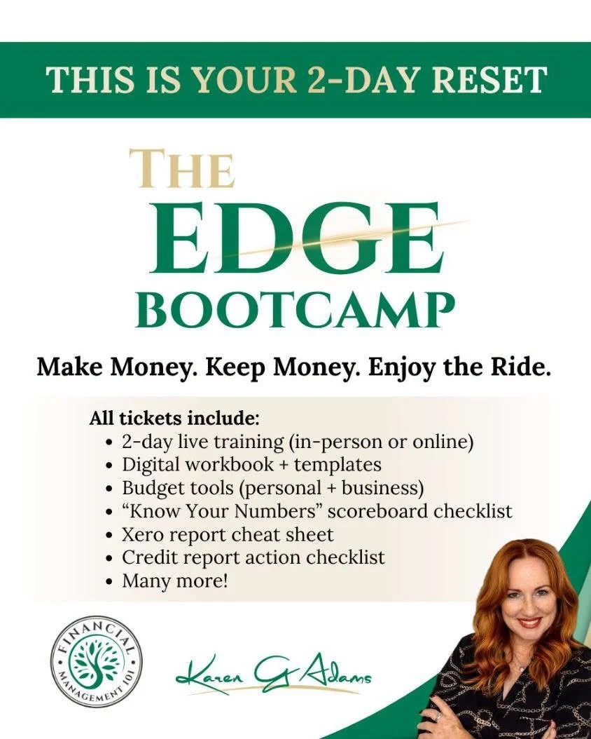 From chaos to clarity.
🔥The Edge Bootcamp hosted by @karengadams_financialcoach.
Created for ambitious small business owners, franchisees, sole traders &amp; tradies ready to replace hustle with systems and structure!
📈 Know your numbers. Control c