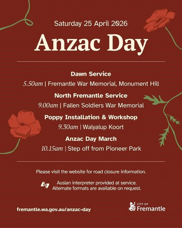 As the sun rises on April 25, we gather in remembrance.🌺
Be part of Fremantle&rsquo;s Anzac Day commemorations &amp; honour those who served.
From the Dawn Service at Monument Hill to community events across the city, there are many ways to pay your