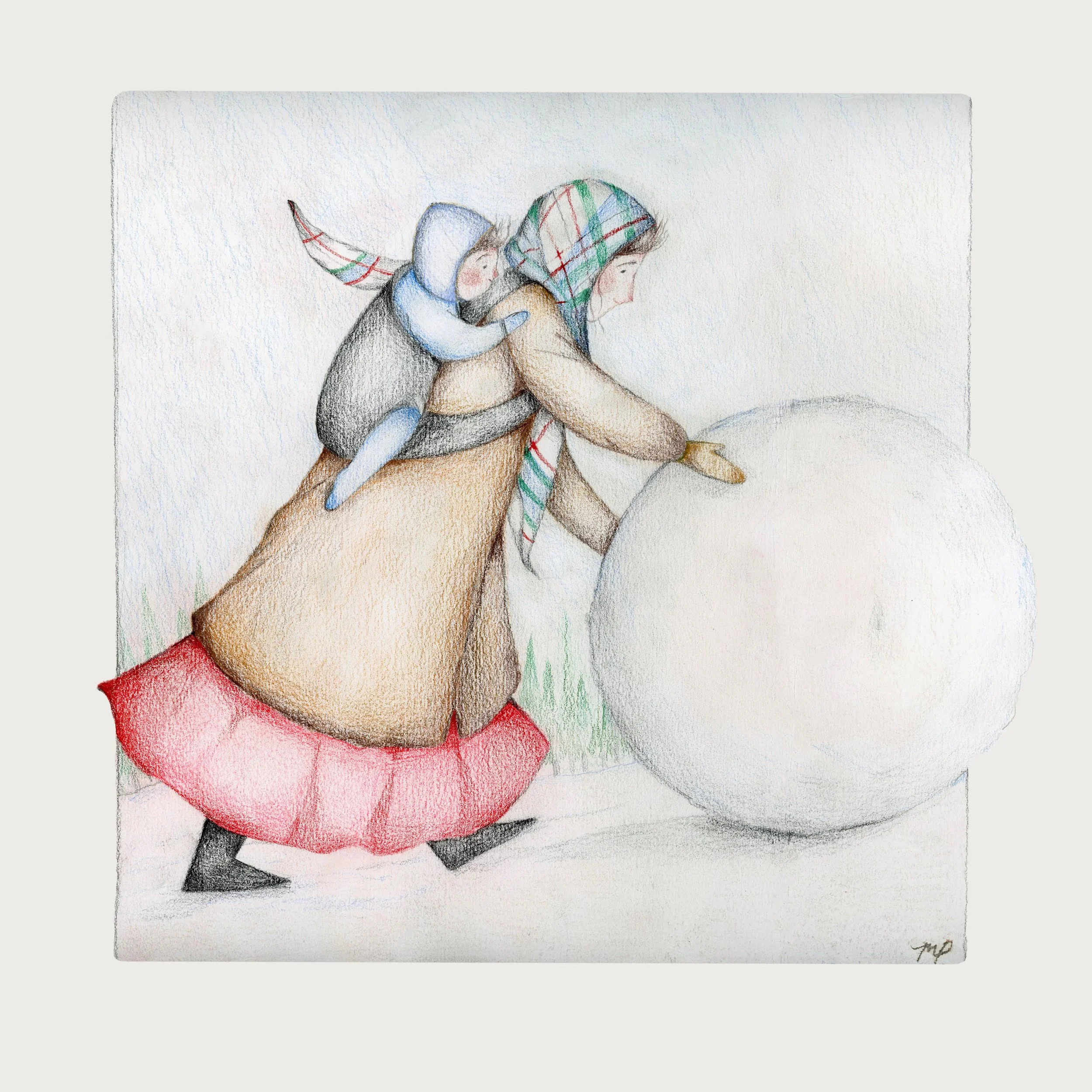 A woman in winter clothing with a plaid hood and a pink skirt, pushing a large snowball in a snowy landscape.