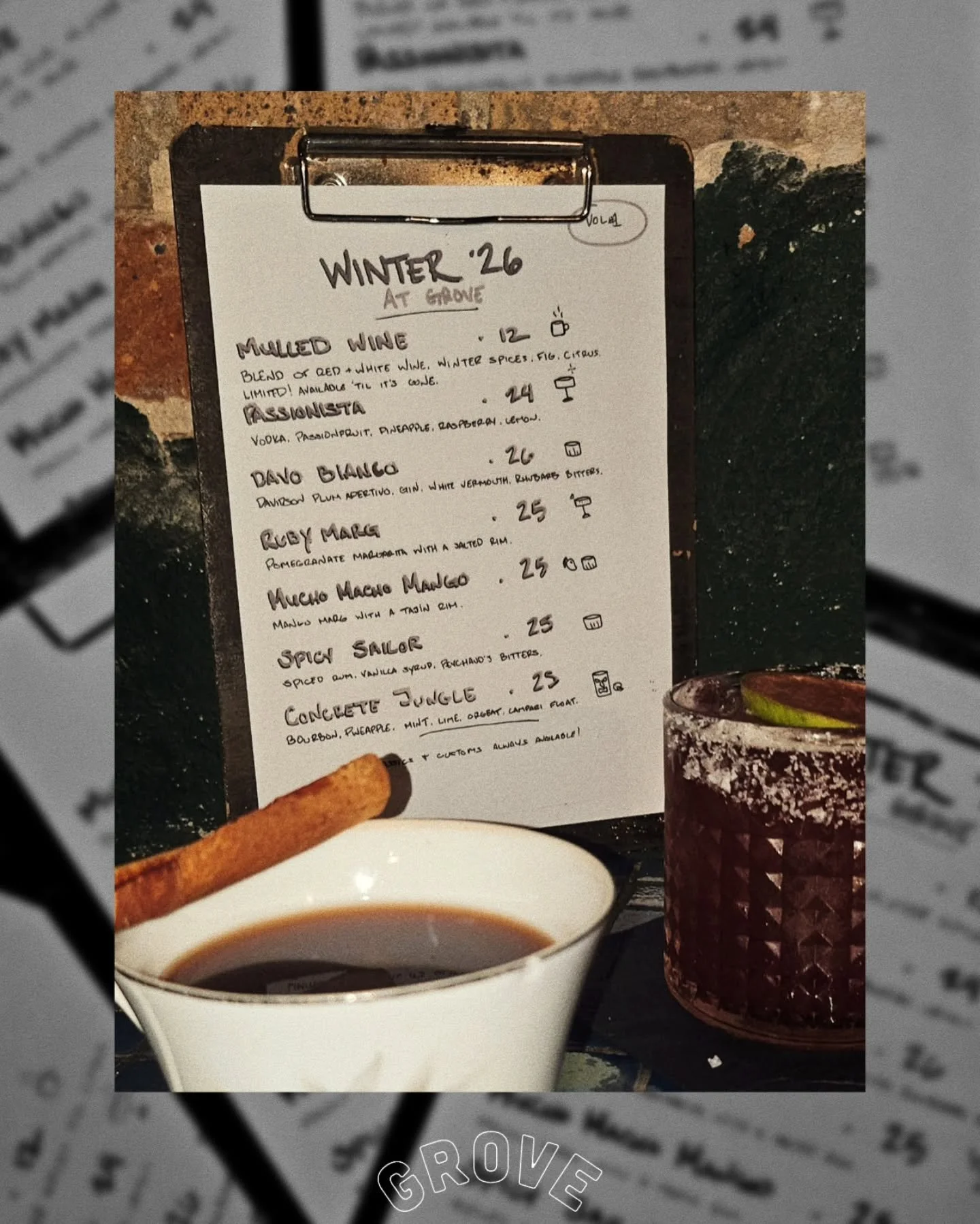 WINTER 26 &bull; VOL 1
☕ mulled wine
💖 passionista
🥃 davo bianco
💋 ruby marg
🥭 mucho macho mango
⚓ spicy sailor
🌿 concrete jungle