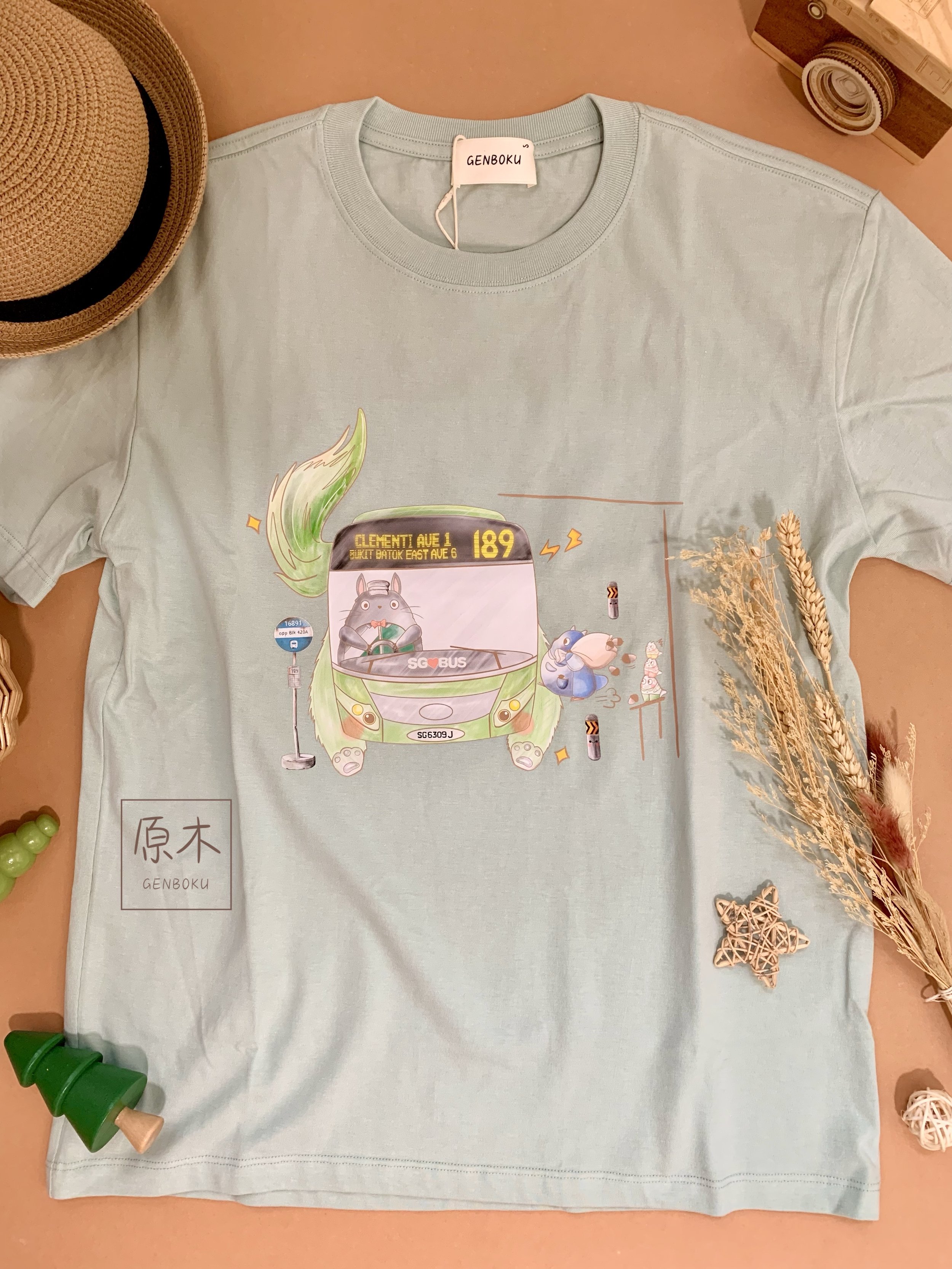 GENBOKU ADULT COTTON TEE MY GREEN CAT BUS 189 SAGE