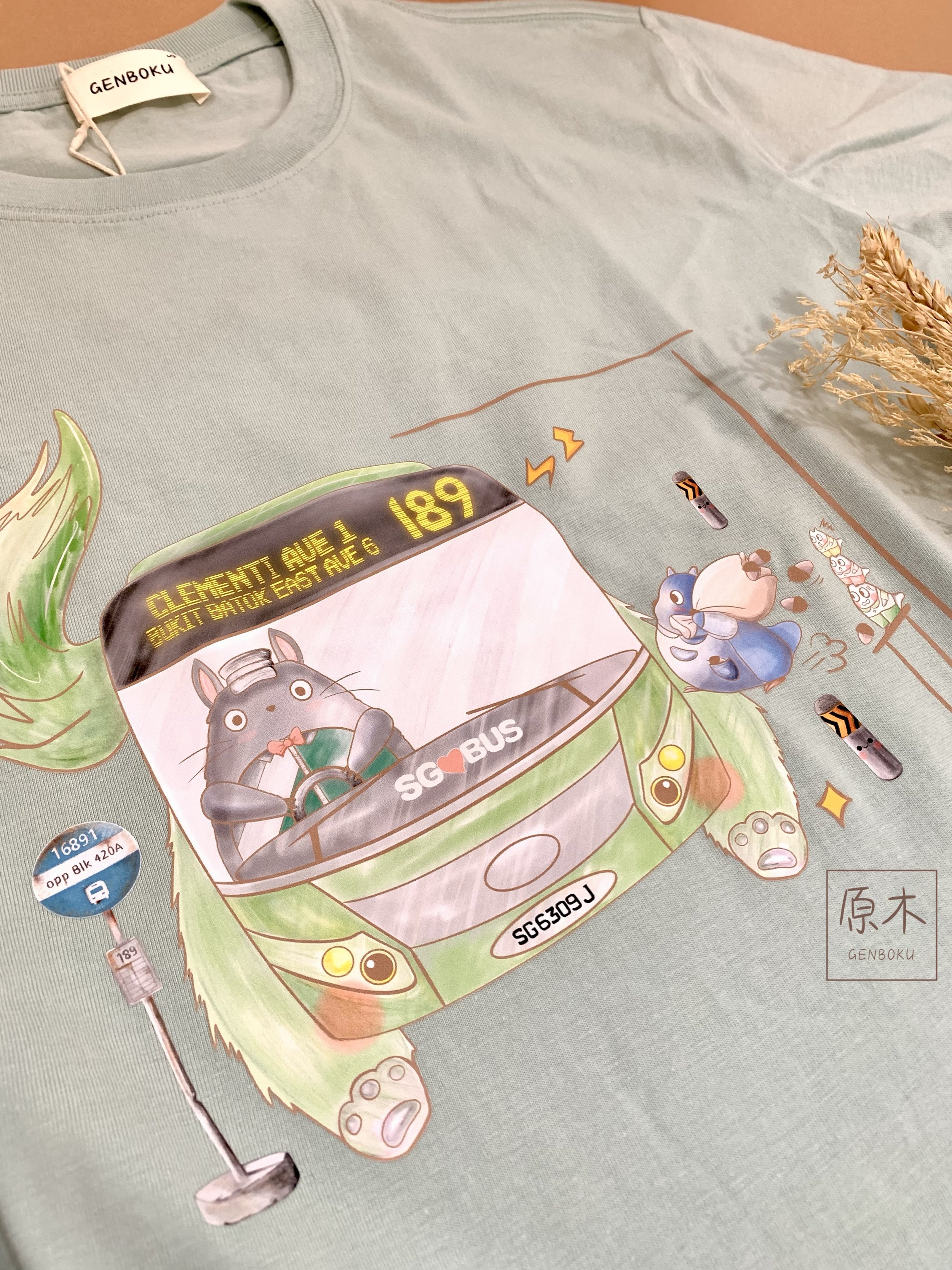 GENBOKU ADULT COTTON TEE MY GREEN CAT BUS 189 SAGE