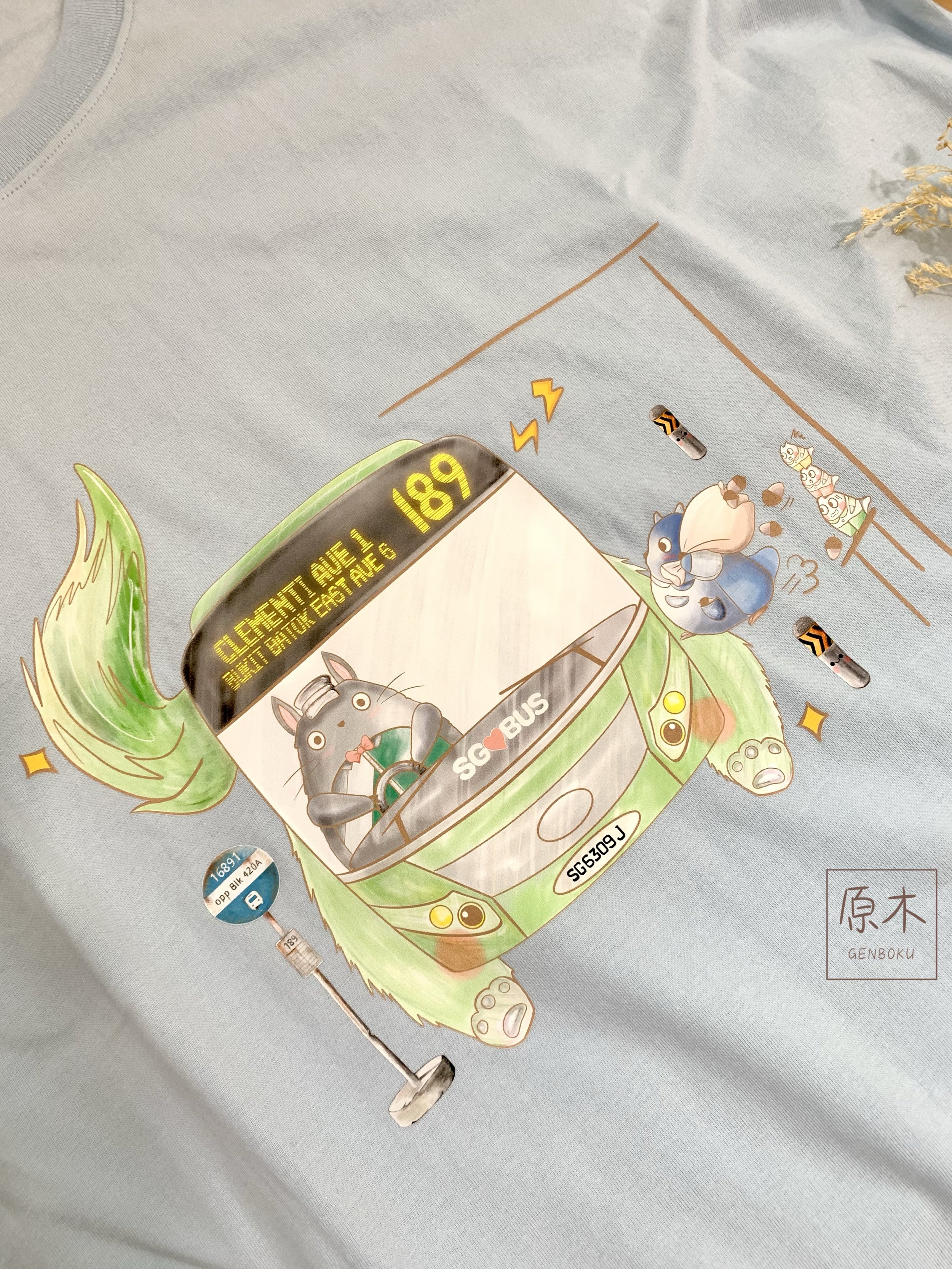 GENBOKU ADULT COTTON TEE MY GREEN CAT BUS 189 SKY BLUE