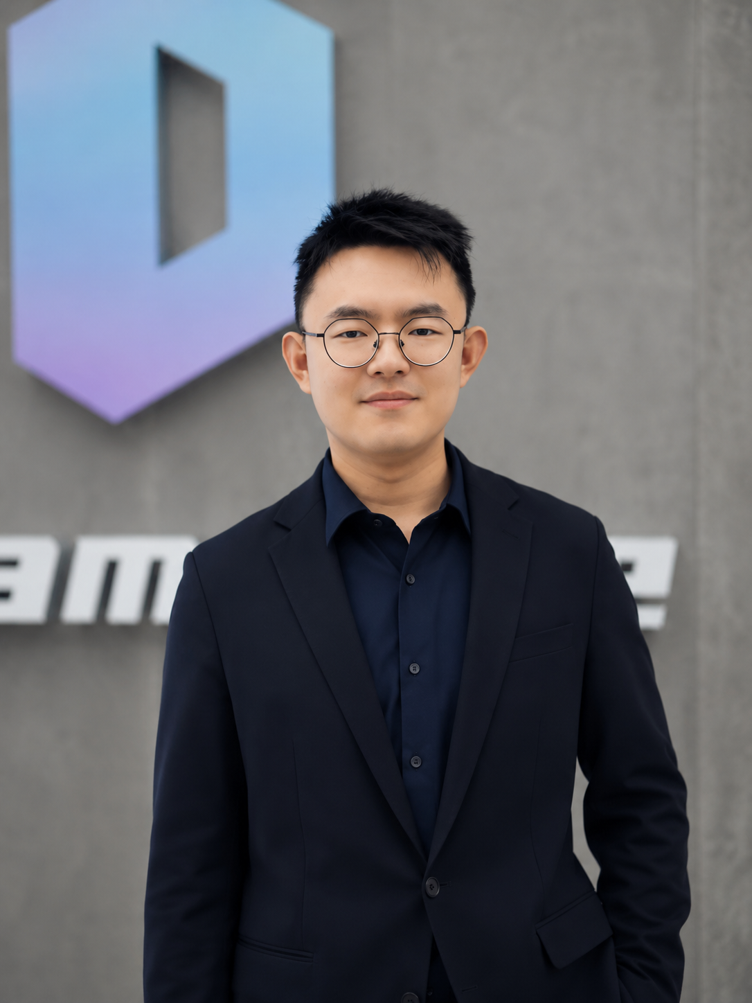 Young man with short black hair, glasses, wearing a black shirt and blazer, standing outdoors in front of a concrete wall with geometric colorful art.