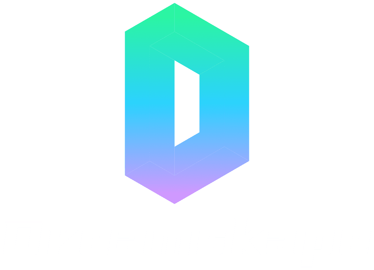 A logo with a 3D geometric shape consisting of a gradient color hexagon with a cutout in the middle, above the stylized text 'Dreamskaape' in white.