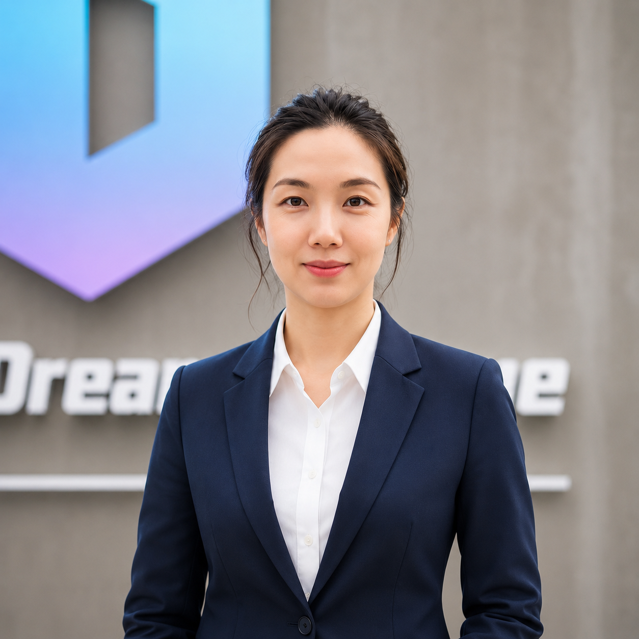 A woman standing in front of a concrete wall with a digital art piece and the word 'Dreamskape' behind her.