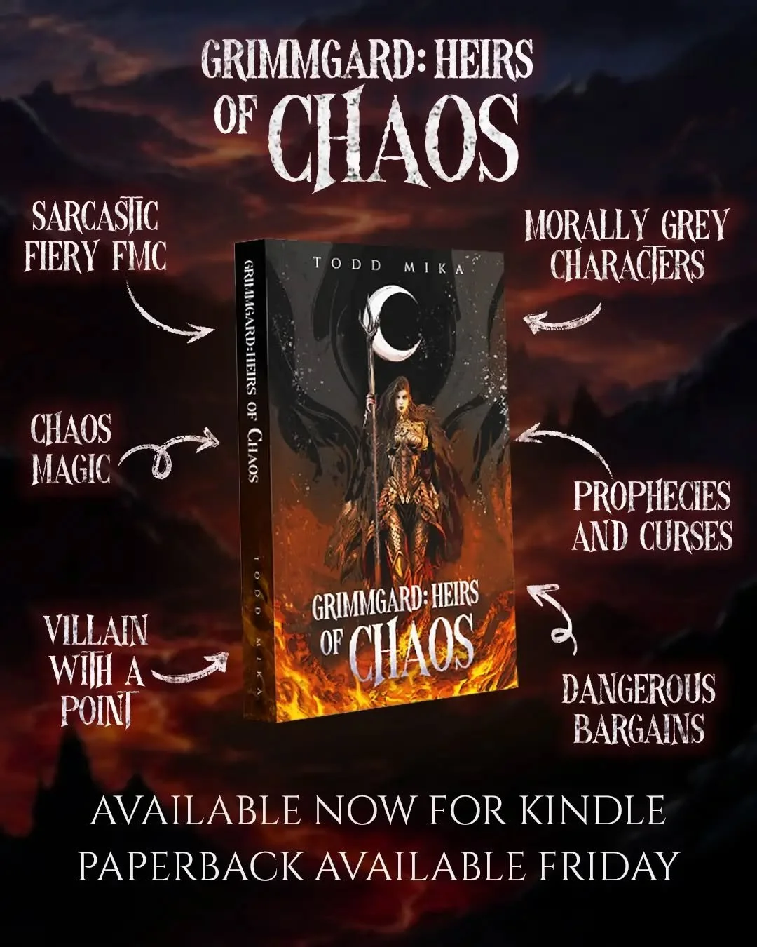 🔥 IT'S HERE 🔥 GRIMMGARD: HEIRS OF CHAOS IS AVAILABLE NOW! 🔥

This dark fantasy novel completes the Heirs Duology and the story of Chasmira, a sorceress fighting to create a life she can finally call her own. I hope you all enjoy it!

(🙏 Apologies