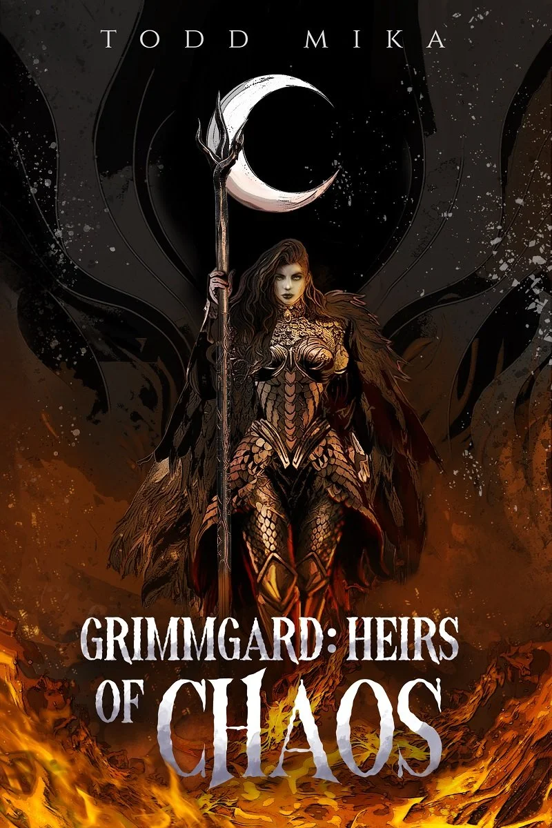 Book cover of Grimmgard: Heirs of Chaos by Todd Mika, picturing a sorceress standing in the middle of fire.