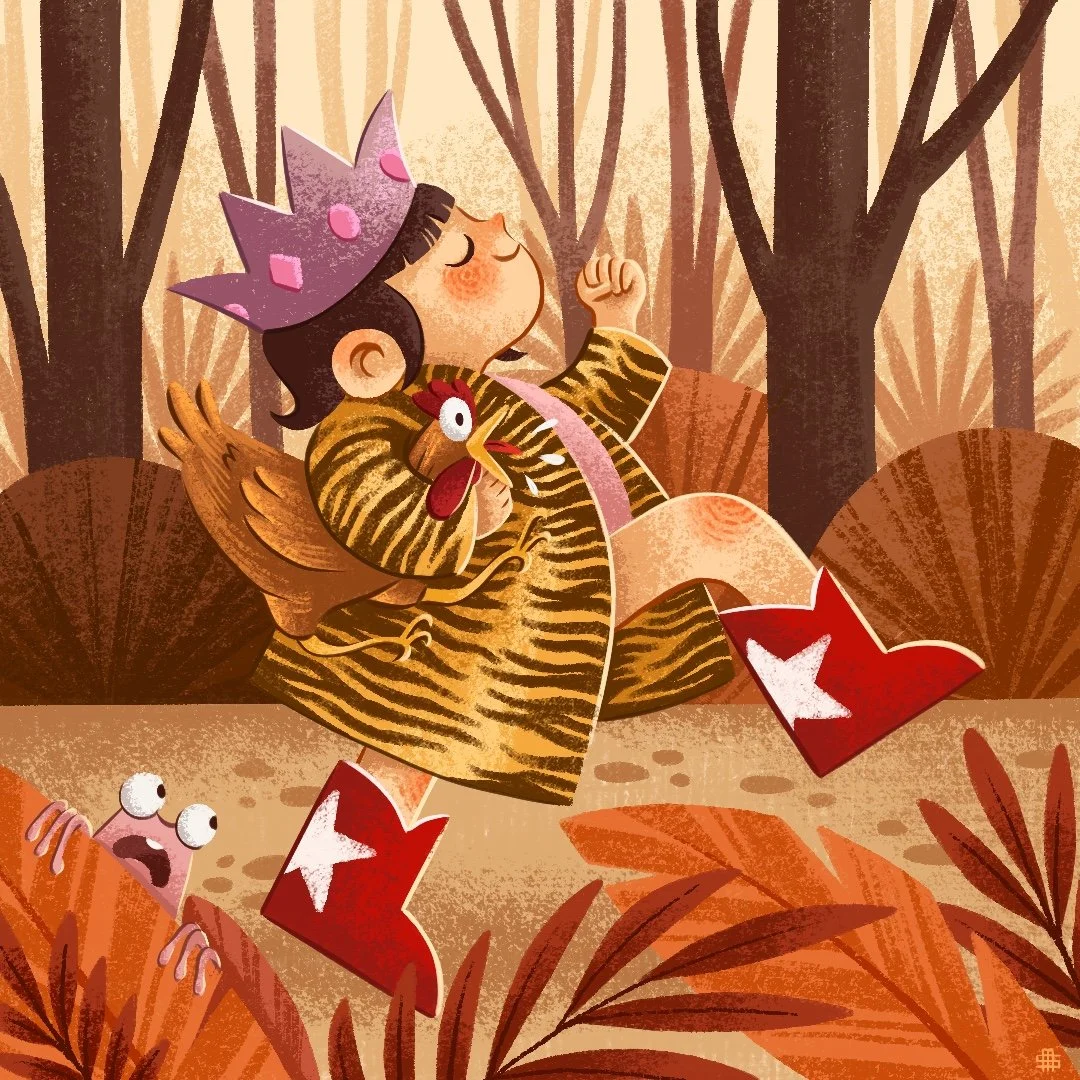 A cartoon girl dressed as a tiger, wearing a pink crown and red cowboy boots, sitting in an autumn forest while holding a chicken. The girl appears to be resting with her eyes closed, and small animals with surprised expressions are near her.