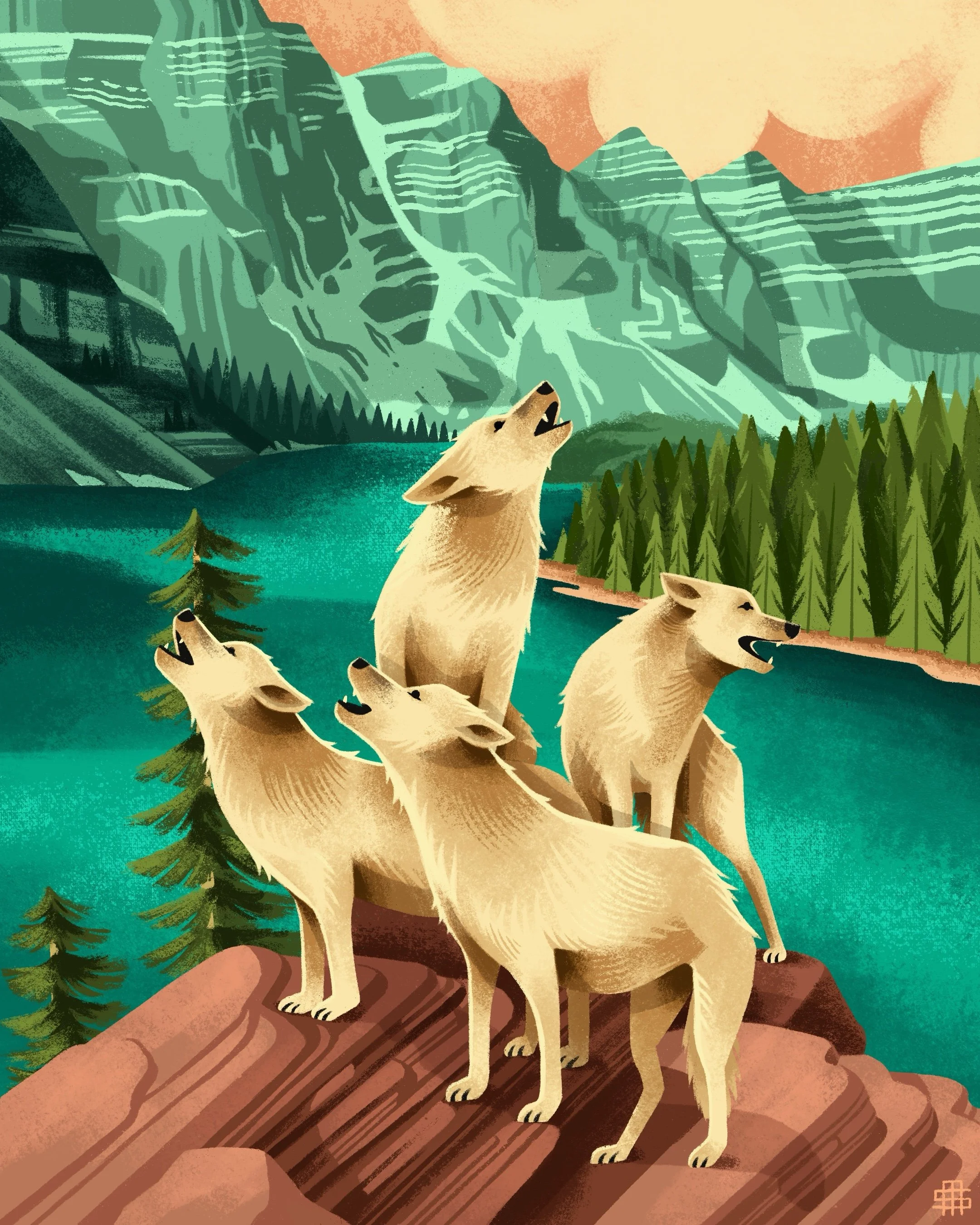 Illustration of a pack of four howling wolves on a rocky ledge overlooking a lake, with mountains, evergreen trees, and a pink sunrise or sunset sky in the background.
