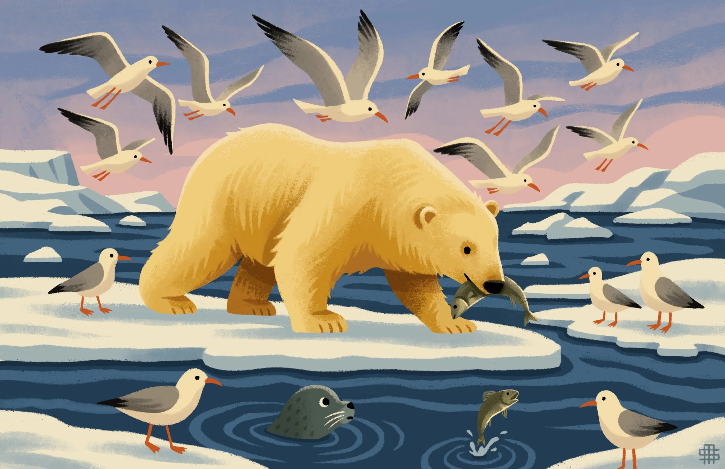 An illustration of a bear catching a fish in icy waters, surrounded by seagulls, with icebergs and a purple sky in the background.