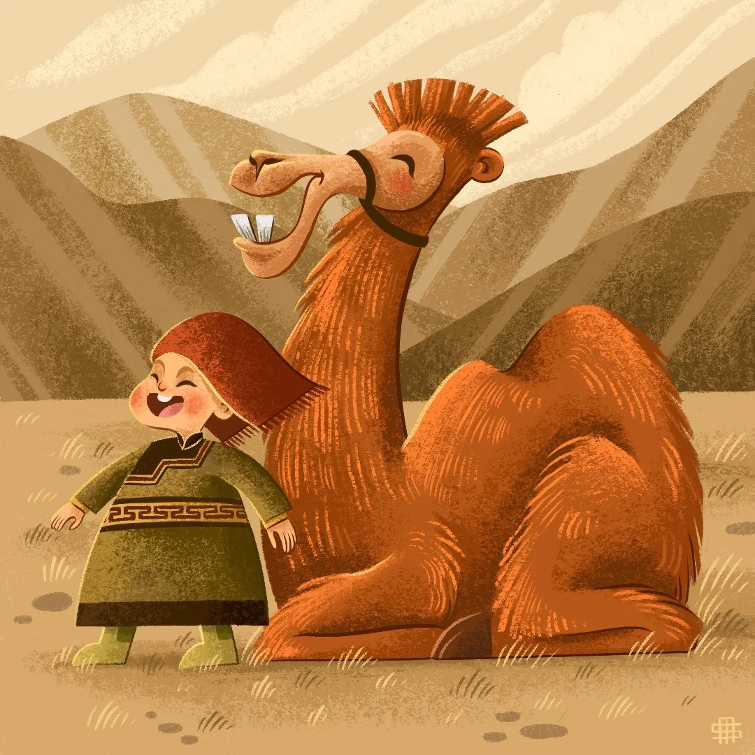 A cartoon illustration of a smiling boy with short brown hair and a green traditional outfit standing next to a large, relaxed camel with a reddish-brown coat, set against a mountainous background.