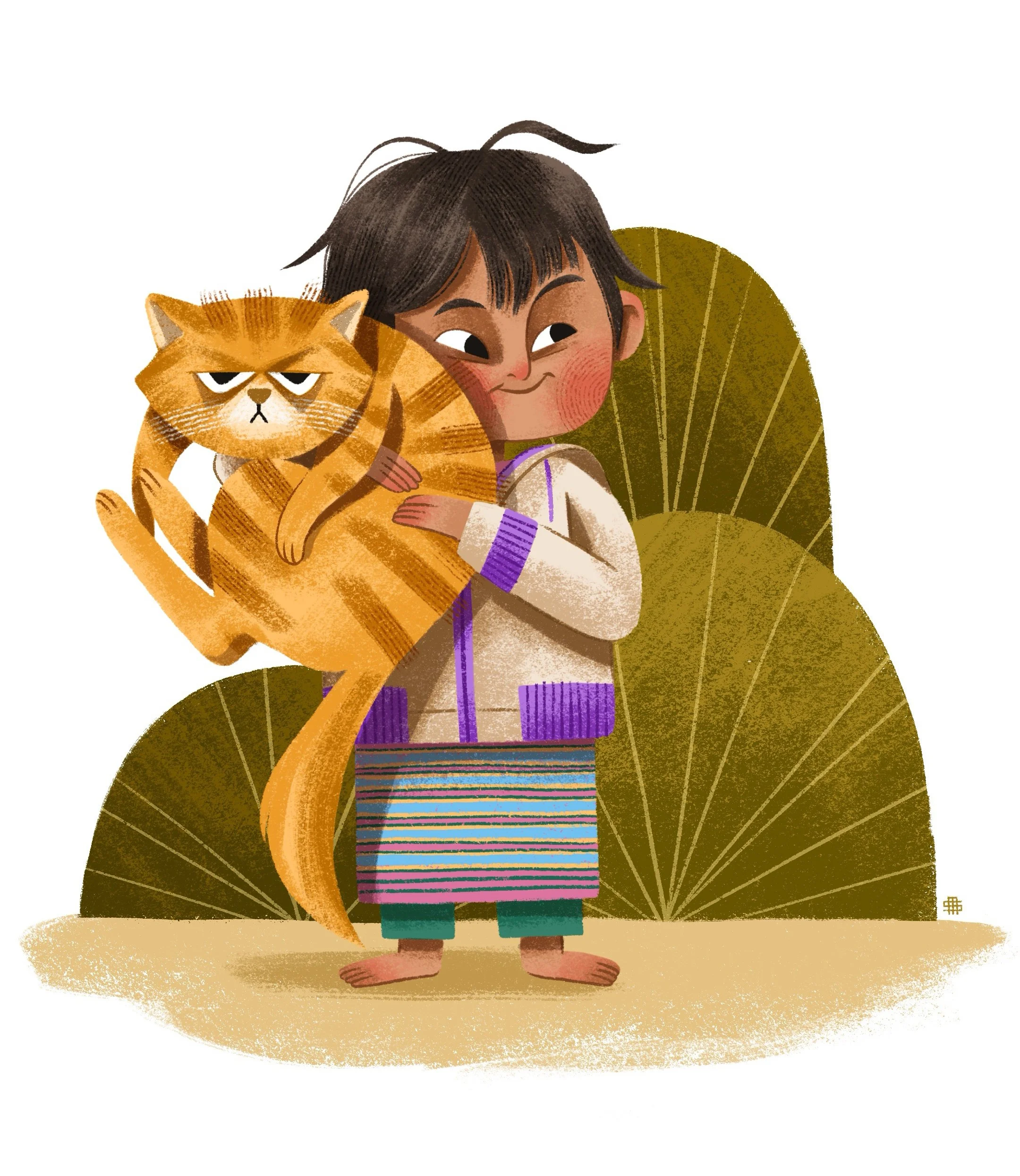 A smiling young person with messy hair holding an angry-looking orange tabby cat with dark stripes, standing in front of large green leaves, with a beige ground.