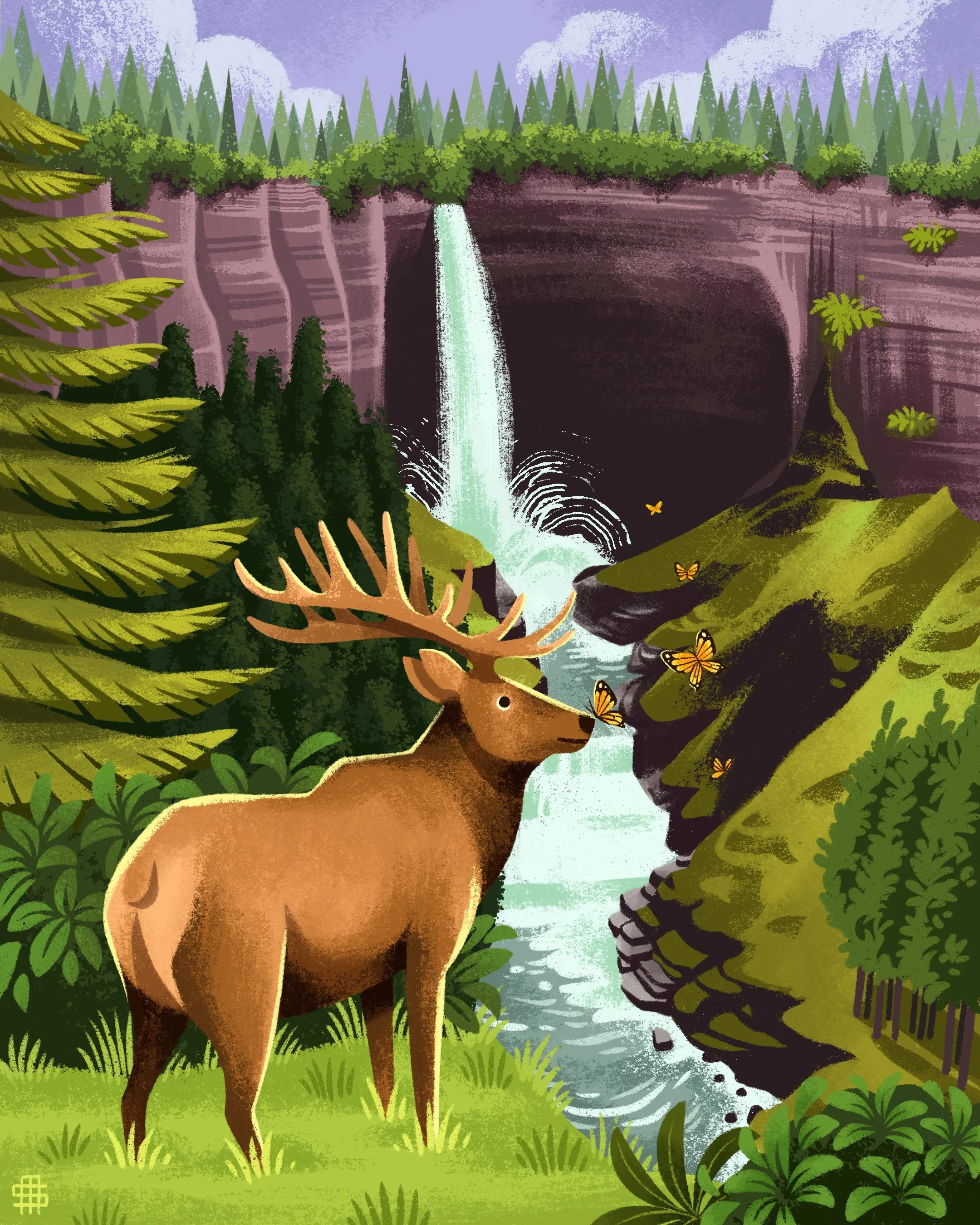 An illustrated scene of a natural landscape featuring a majestic elk with large antlers standing in front of a waterfall cascading down a cliff surrounded by lush green trees and bushes. Butterflies are flying around and resting on the rocks near the