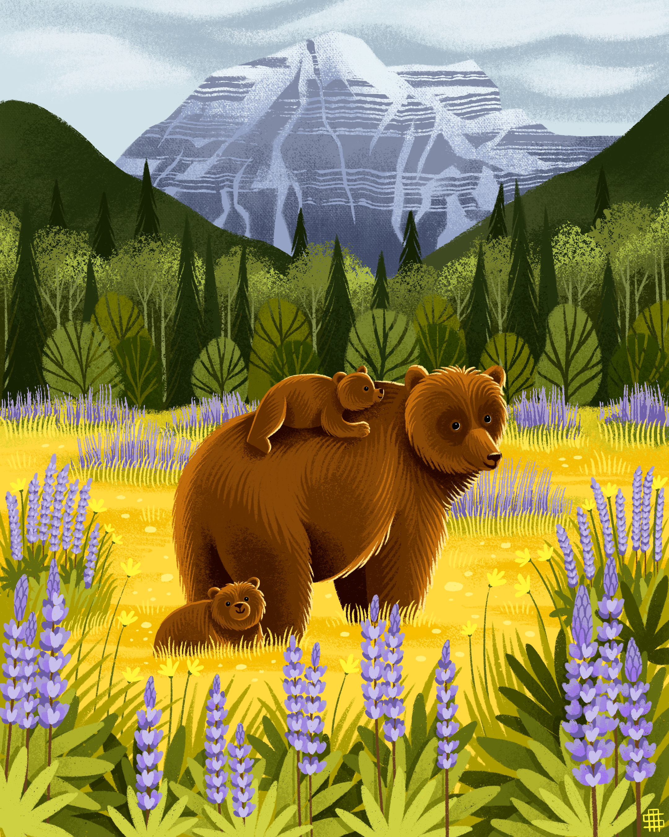 Illustration of a bear family in a mountain meadow with purple wildflowers, dense green forest, and a snow-capped mountain in the background.