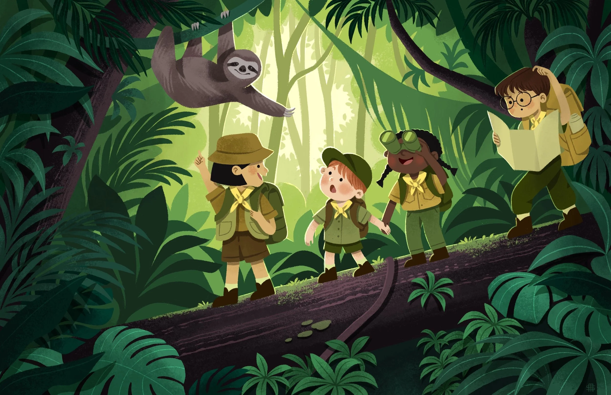 Four children in scout uniforms walking through a lush jungle, looking at a hanging sloth in the trees.