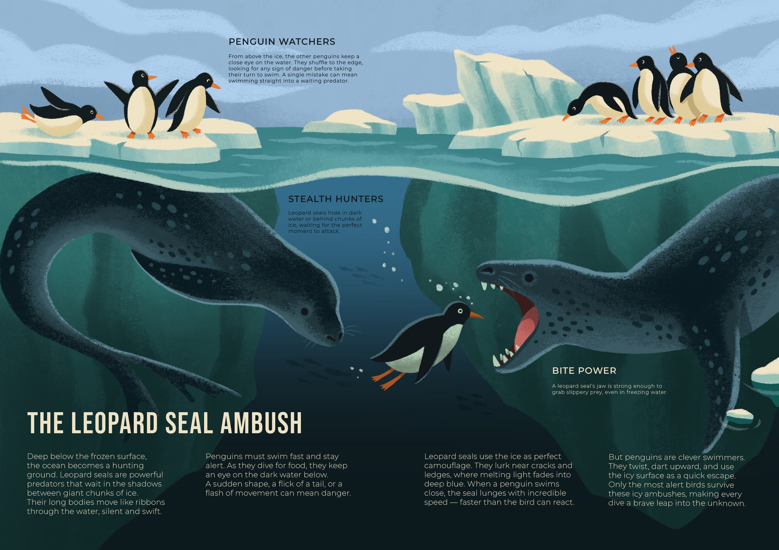 Illustration showing penguins on ice, and a leopard seal beneath the water hunting and attacking a penguin. The scene depicts predator-prey interactions, with text explaining the behaviors of penguin watchers, stealth hunters, and bite power.