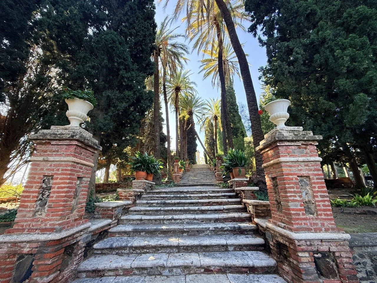 Stone and brick staircase leading up through a lush garden with tall palm trees and potted plants.
