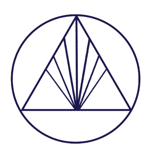 A geometric design featuring a circle with inner triangles and lines radiating from the center.