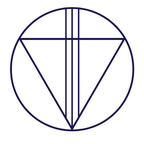 A geometric design featuring a circle divided into sections with various lines and shapes, including a downward-pointing triangle at the bottom.