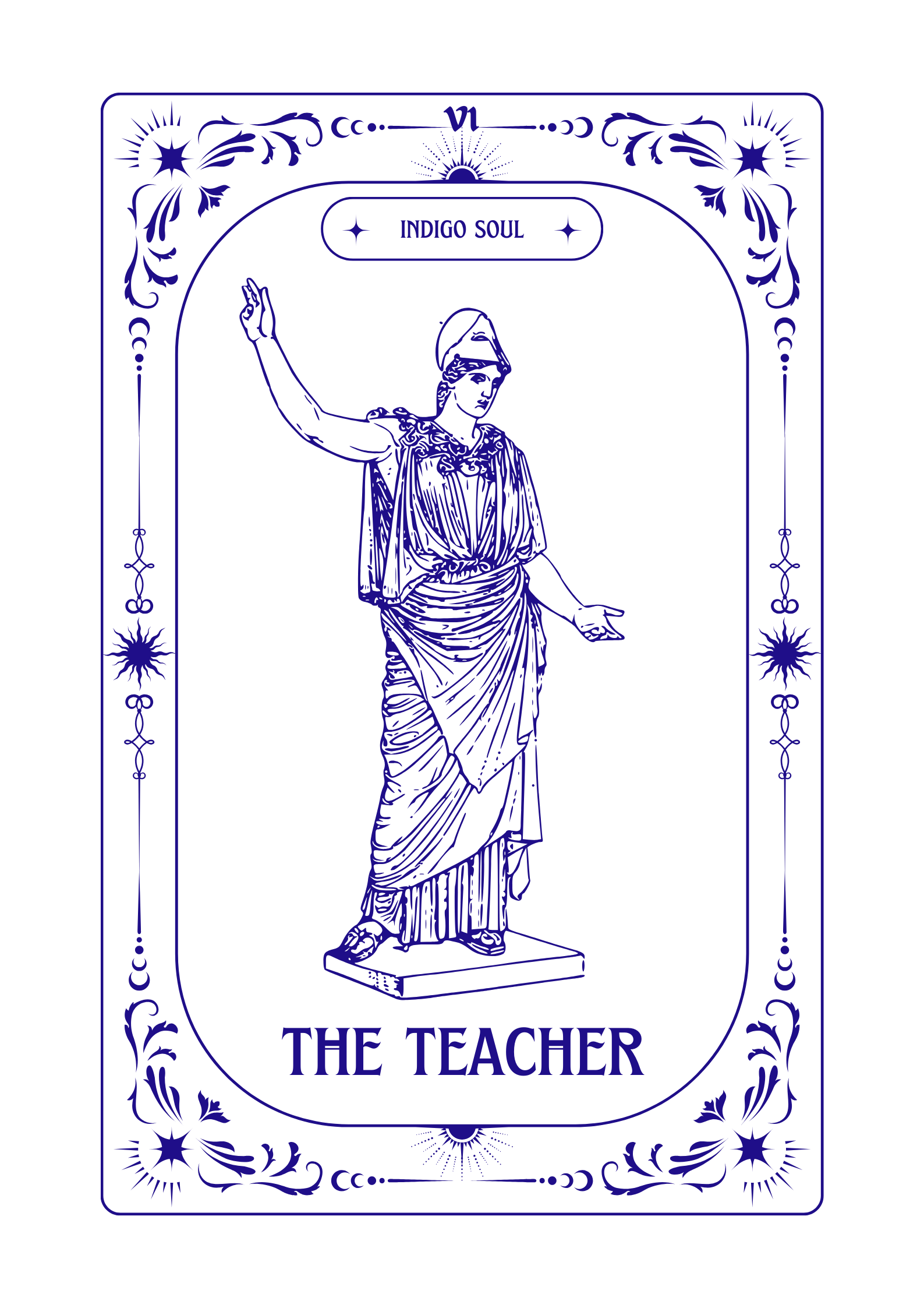 A dark blue illustration of a woman in classical attire holding one arm raised, titled "The Teacher" with a banner reading "Indigo Soul" above, framed with decorative floral and celestial motifs.