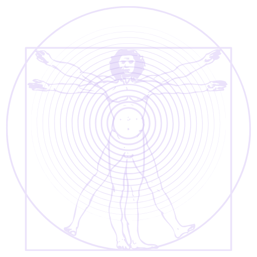 Illustration of a human figure with arms and legs extended, overlaid on a geometric, target-like background with concentric circles and a square frame.