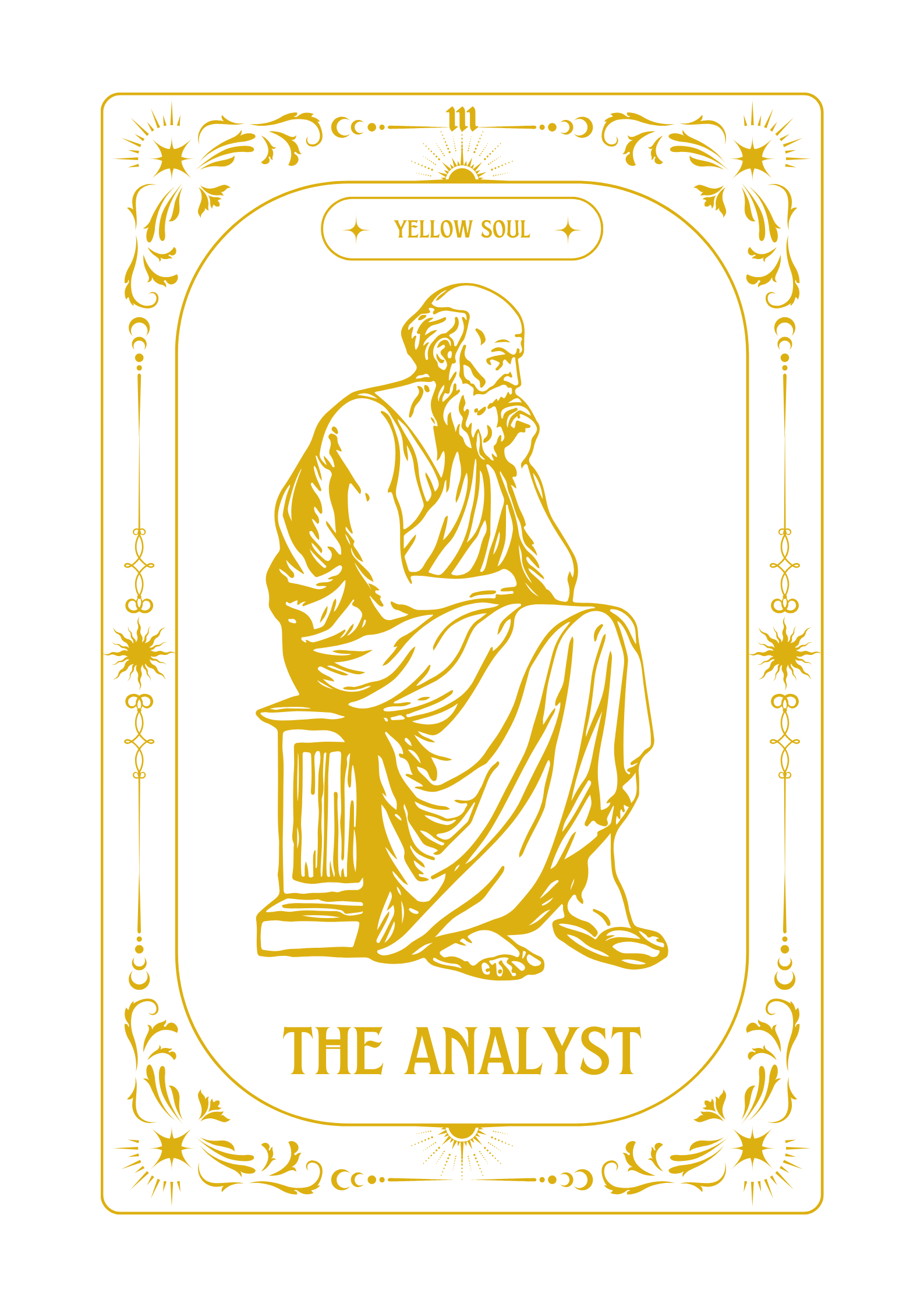 A black card with gold outline art depicting a seated bearded man in robes, labeled "The Analyst" at the bottom and "Yellow Soul" at the top, with decorative stars and celestial symbols around the border.