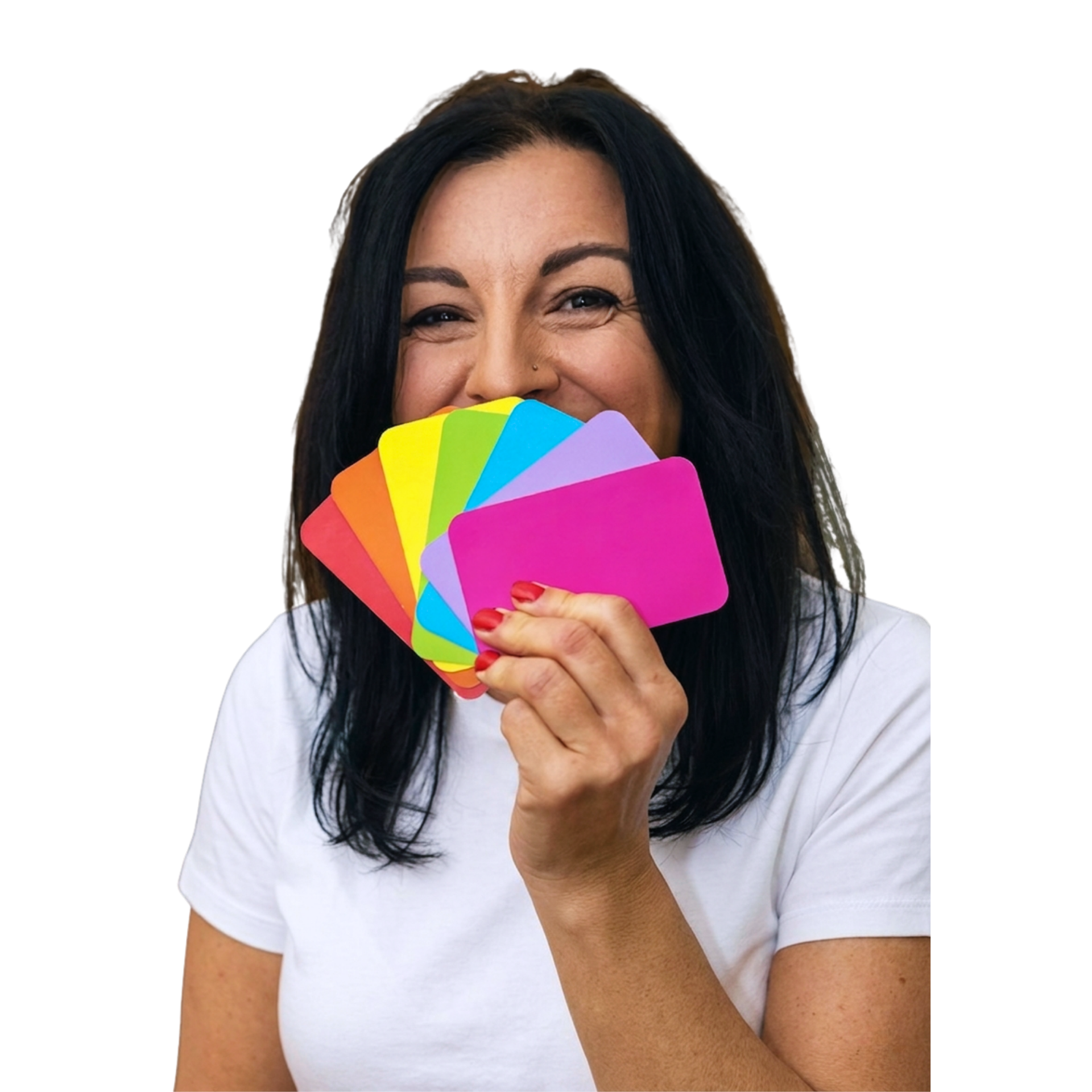 A woman with long dark hair smiling and holding a bunch of colorful paint samples in front of her face, wearing a white T-shirt.