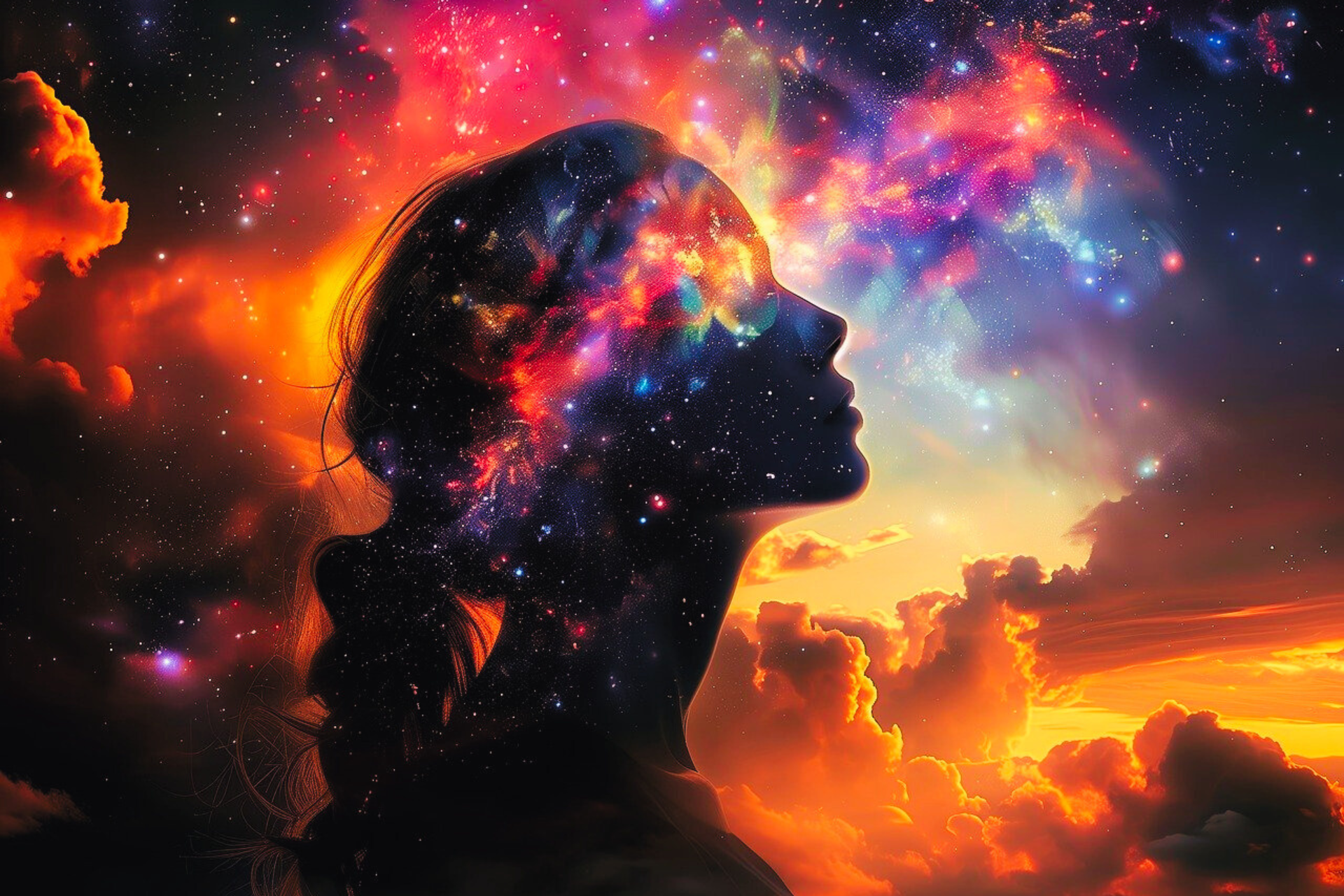 Woman in profile surrounded by stars and clouds at sunset
