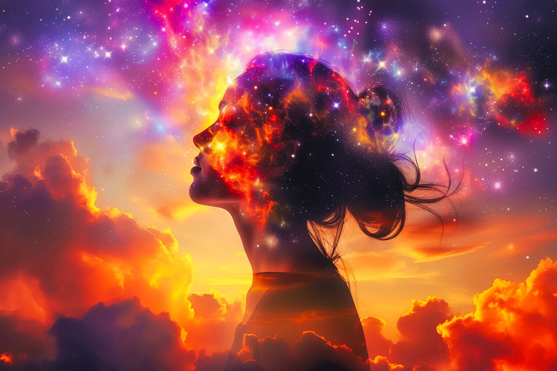 Woman's profile shrouded with stars and clouds