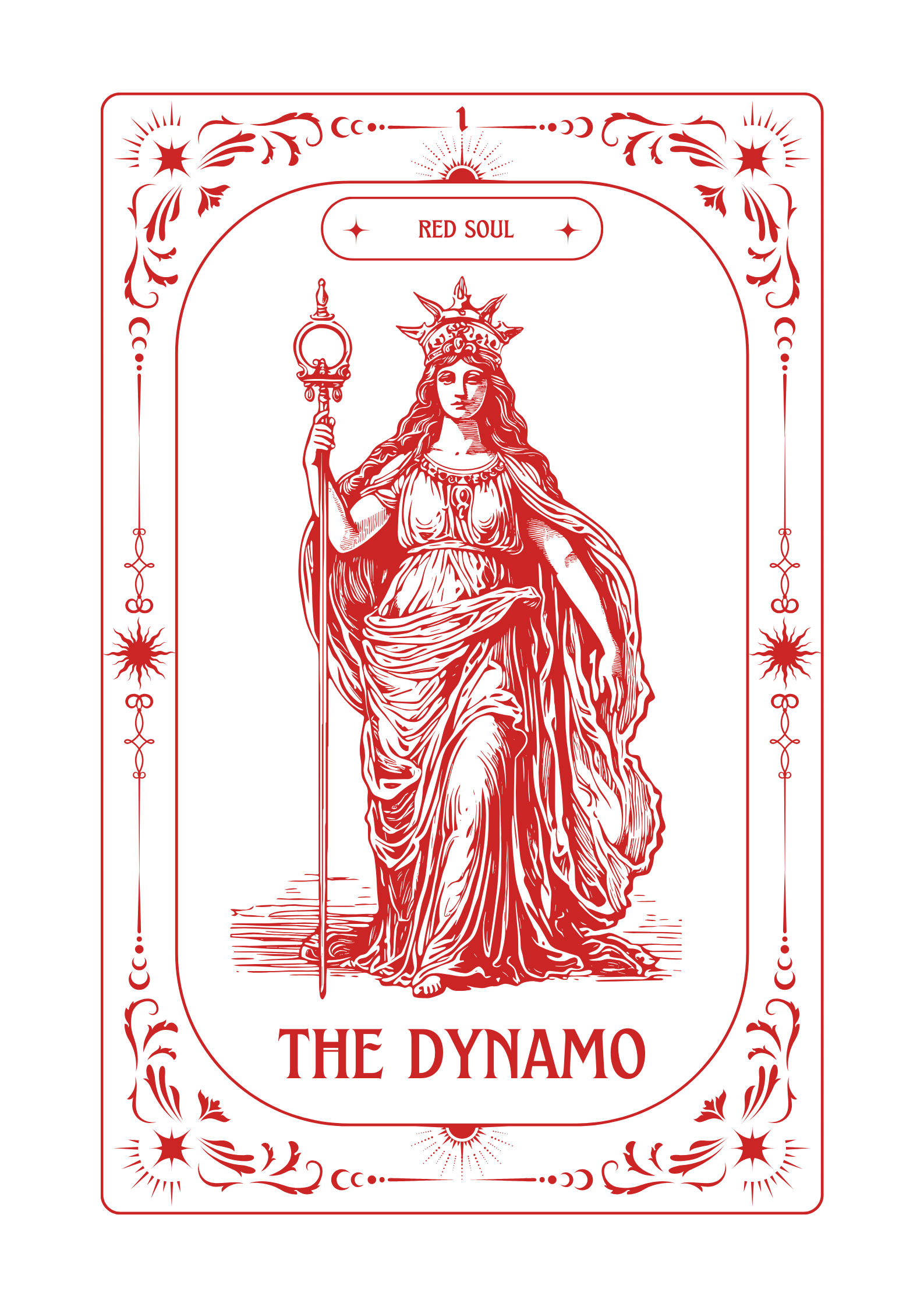 A tarot card named 'The Dynamo' featuring a red illustration of a crowned, robed female figure holding a staff with a ring at the top, surrounded by decorative patterns and the words 'Red Soul' at the top.
