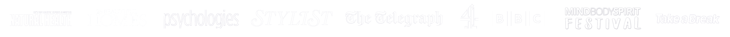 A collection of logos from various publications and organizations, including The Guardian, The Times, Homes, Psychologies, Stylist, BBC, Channel 4, and others.