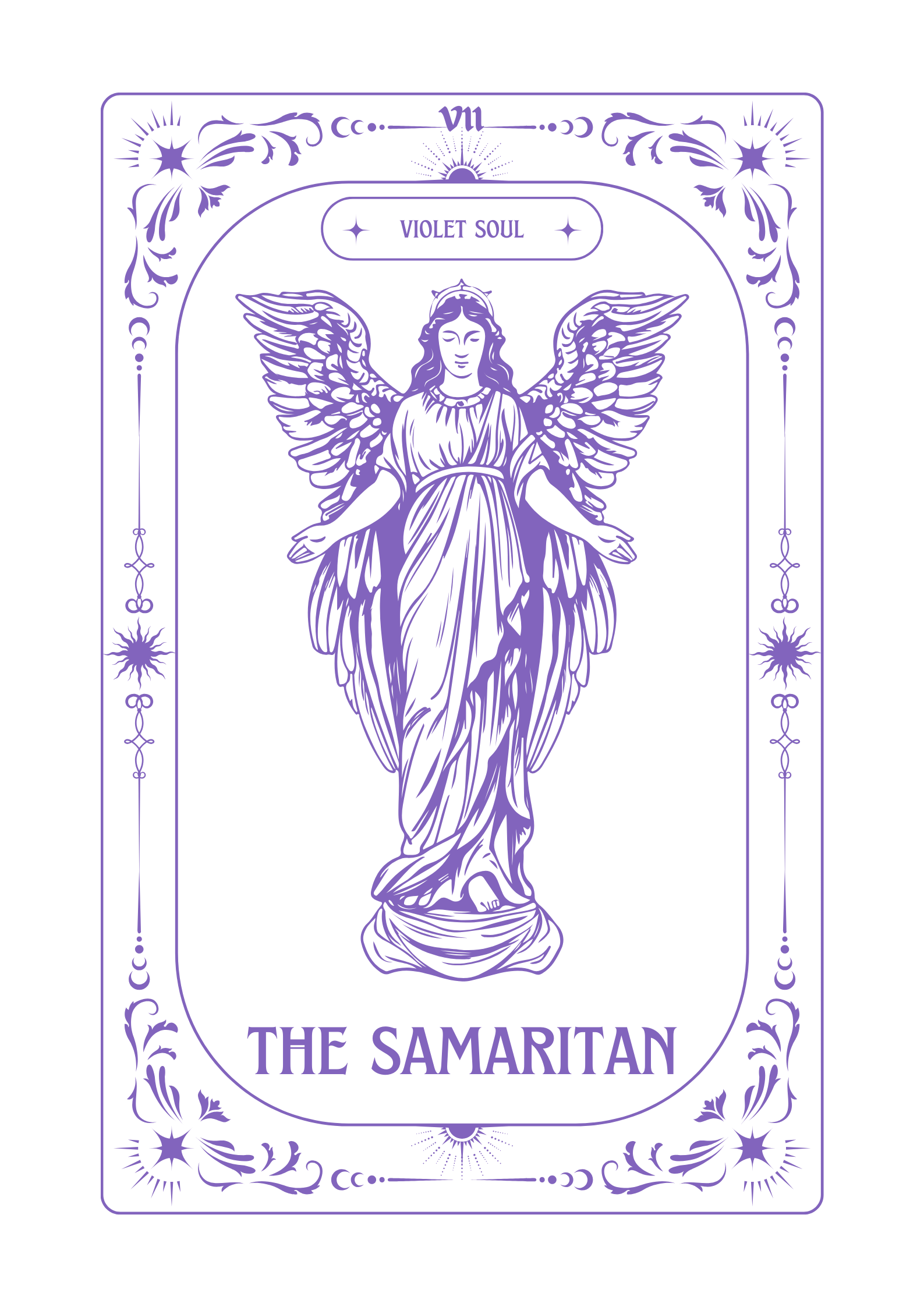 Tarot card titled "The Samaritan" featuring a purple outline of an angel with large wings and outstretched arms, with a decorative border