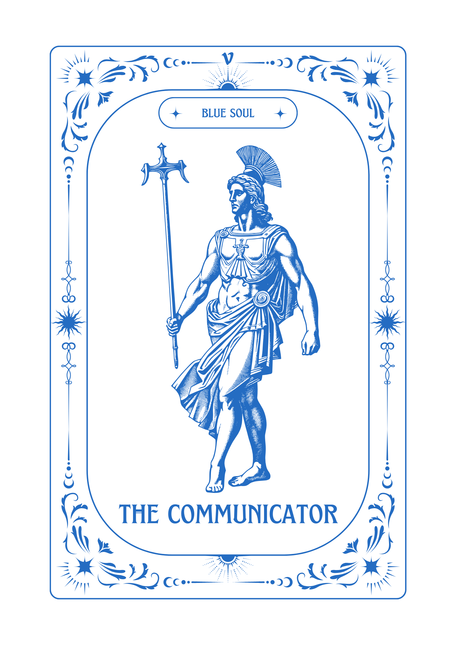 A tarot card titled 'The Communicator' featuring a blue outline image of a warrior with a spear, wearing a helmet and a draped garment, on a black background with decorative borders and the words 'Blue Soul' at the top.