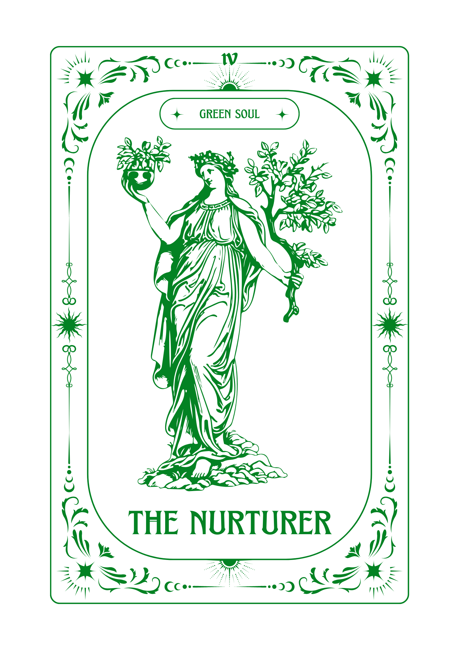 Green tarot card titled "The Nurturer" features an illustration of a woman holding a tree in one hand and a potted plant in the other, with decorative borders and symbols.