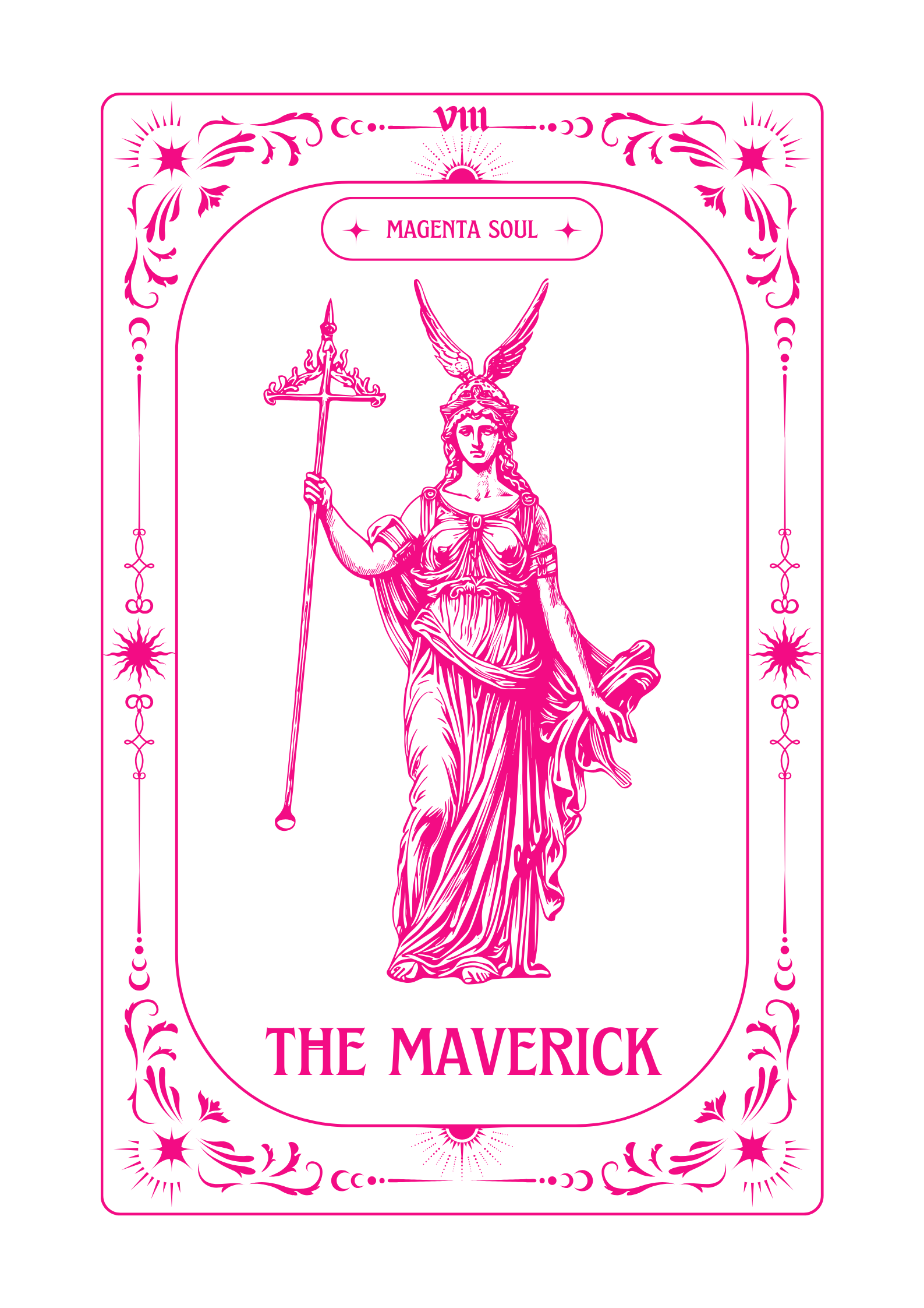 A tarot card titled 'The Maverick' featuring a stylized illustration of the goddess Athena wearing a helmet with horns, holding a sceptre, , and the words 'Magenta Soul' at the top.