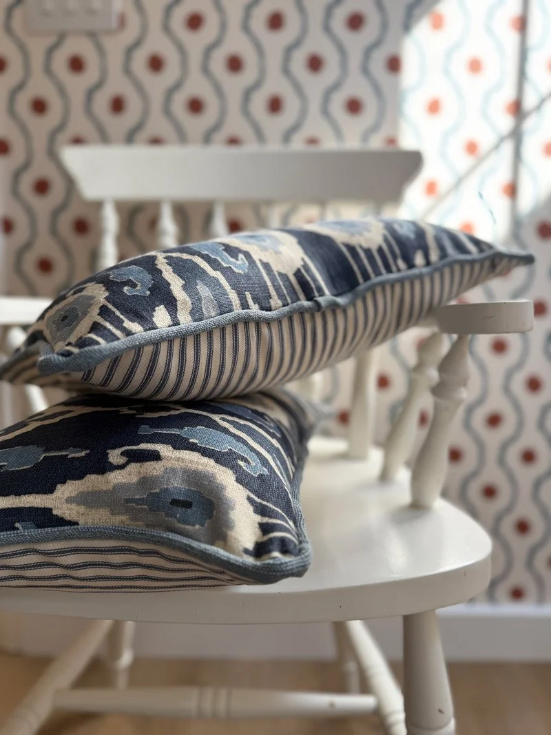Ikat blue fabric cushion