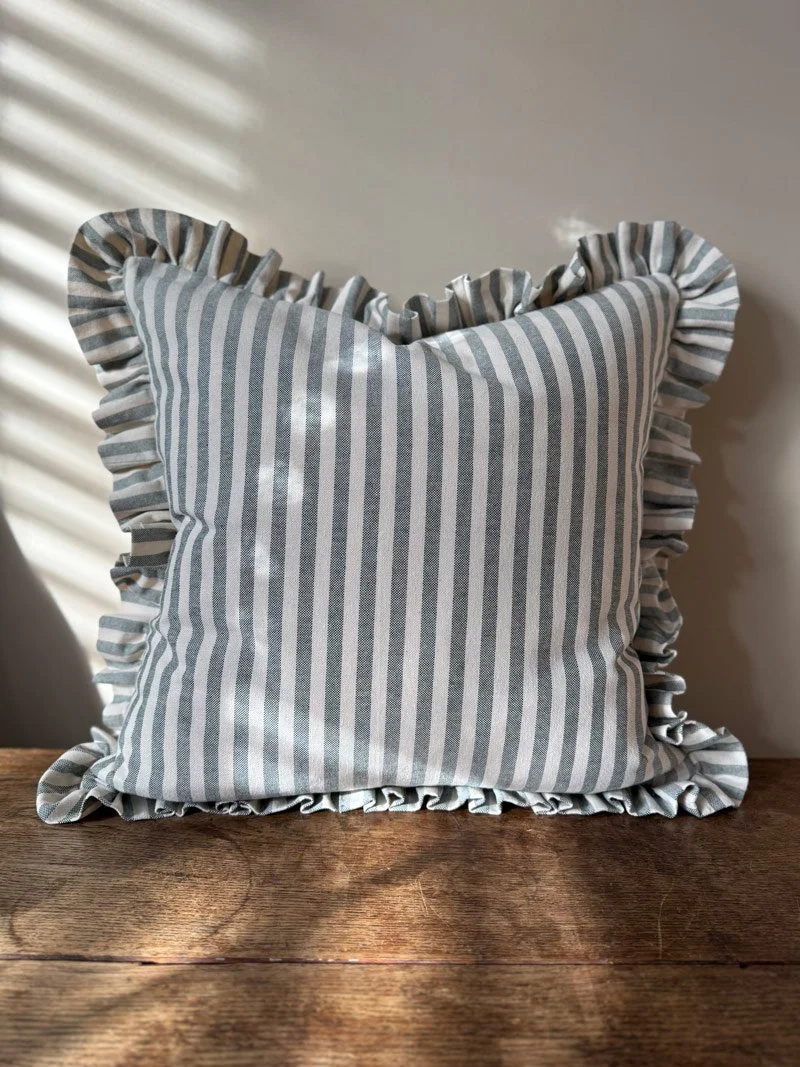 Pippa Paine Home Handmade cushion collection Green Stripe Ruffle