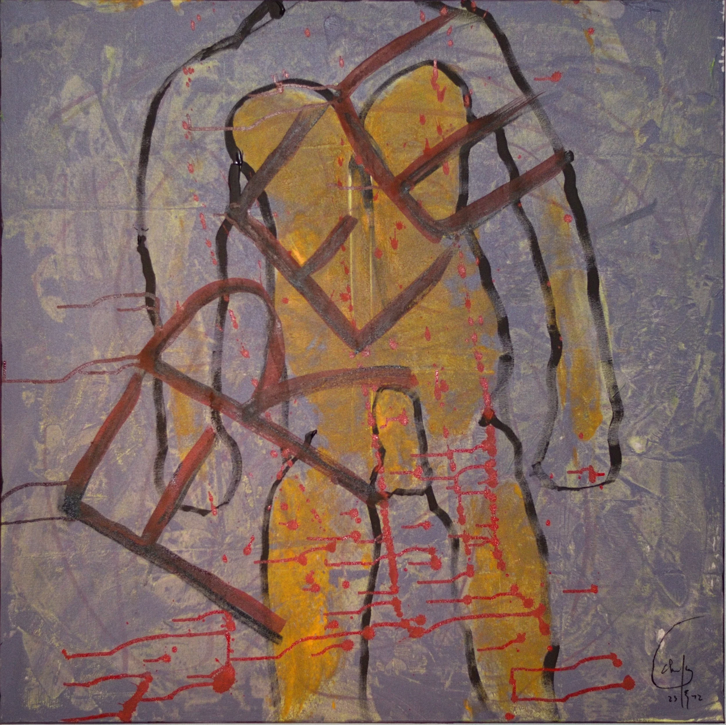 Self-Portrait in Cybernetic Turmoil, 100x100x3cm, acrylics and inks on stretched canvas — 2023