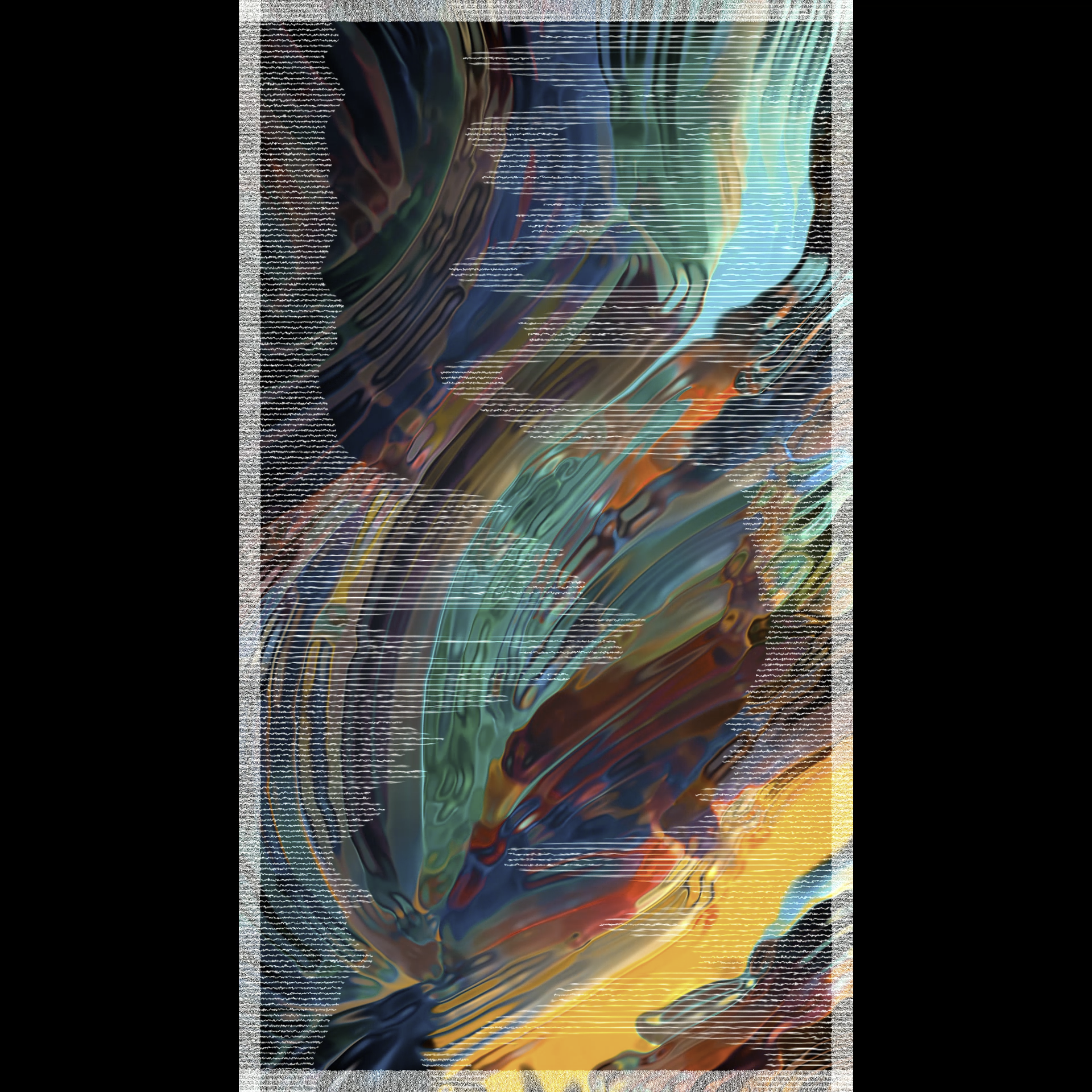 Abstract digital art featuring swirling colours like blue, orange, green, and brown with a distorted, liquid glass appearance and horizontal lines across the image.