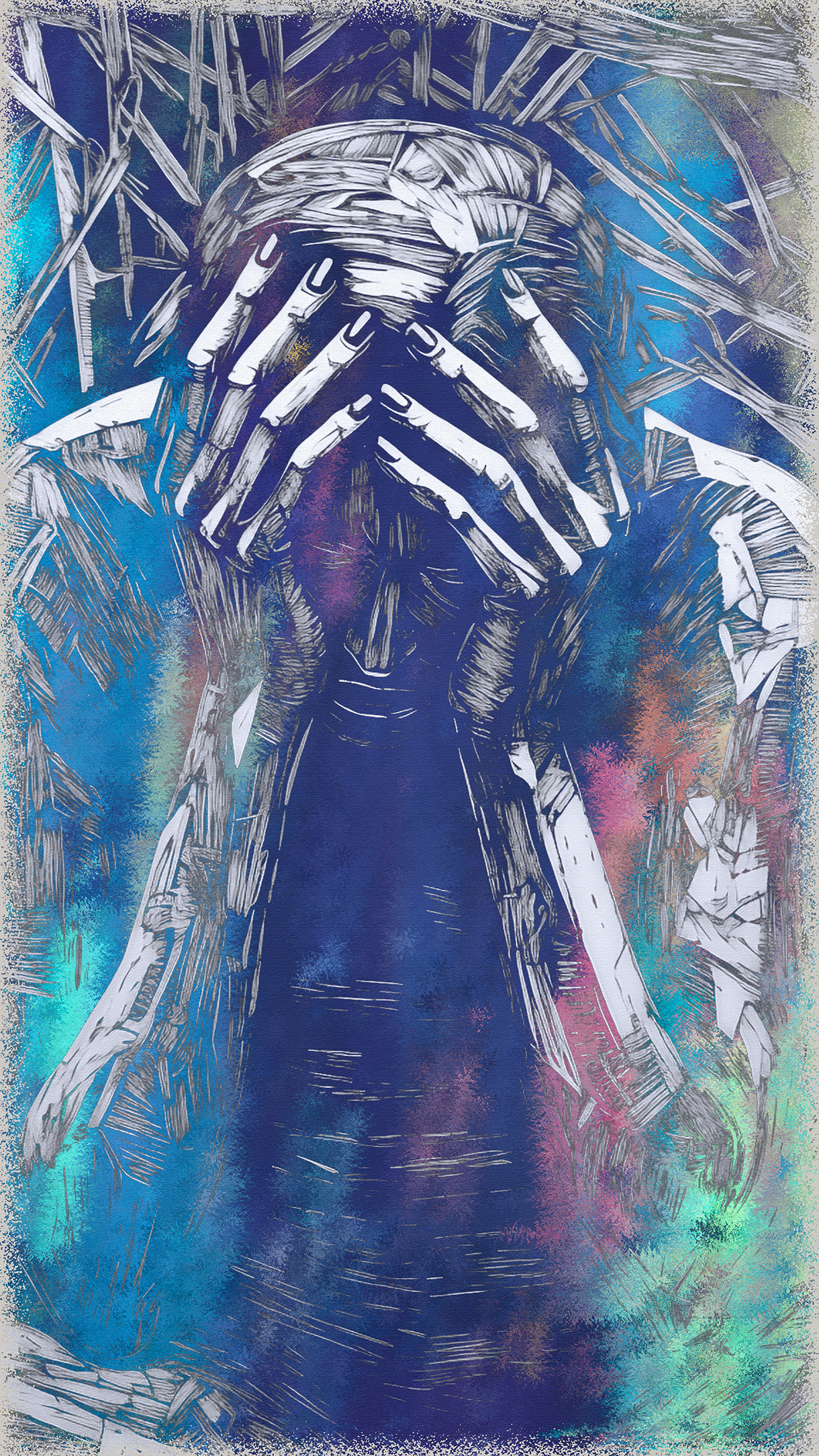 Titled "Sorrow," this piece depicts the deep depths of human despair through a surreal and abstract lens.